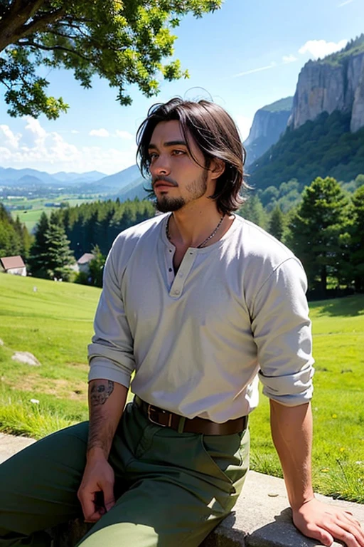 ((best quality)), ((masterpiece)), (detailed), perfect face. "Generate an anime scene inspired by Vinland Saga, featuring a breathtaking landscape of beautiful mountains and lush, green meadows. The setting should be peaceful and serene, capturing the natural beauty of the surroundings. Include a handsome man with black hair and a mustache, sitting in the foreground, embodying the spirit and aesthetic of the series."