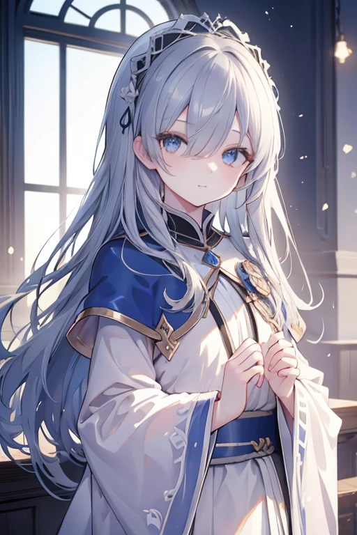 fgoanastasia, anastasia, blue eyes, grey hair, hair between eyes, (hair over one eye:1.5), long hair, bangs, smile 
BREAK blue cloak, brown hairband, cloak, dress, fur trim, hairband, royal robe, sash, tachi-e, white dress, wide sleeves,
BREAK looking at viewer,
BREAK indoors,
BREAK (masterpiece:1.2), best quality, high resolution, unity 8k wallpaper, (illustration:0.8), (beautiful detailed eyes:1.6), extremely detailed face, perfect lighting, extremely detailed CG, (perfect hands, perfect anatomy),