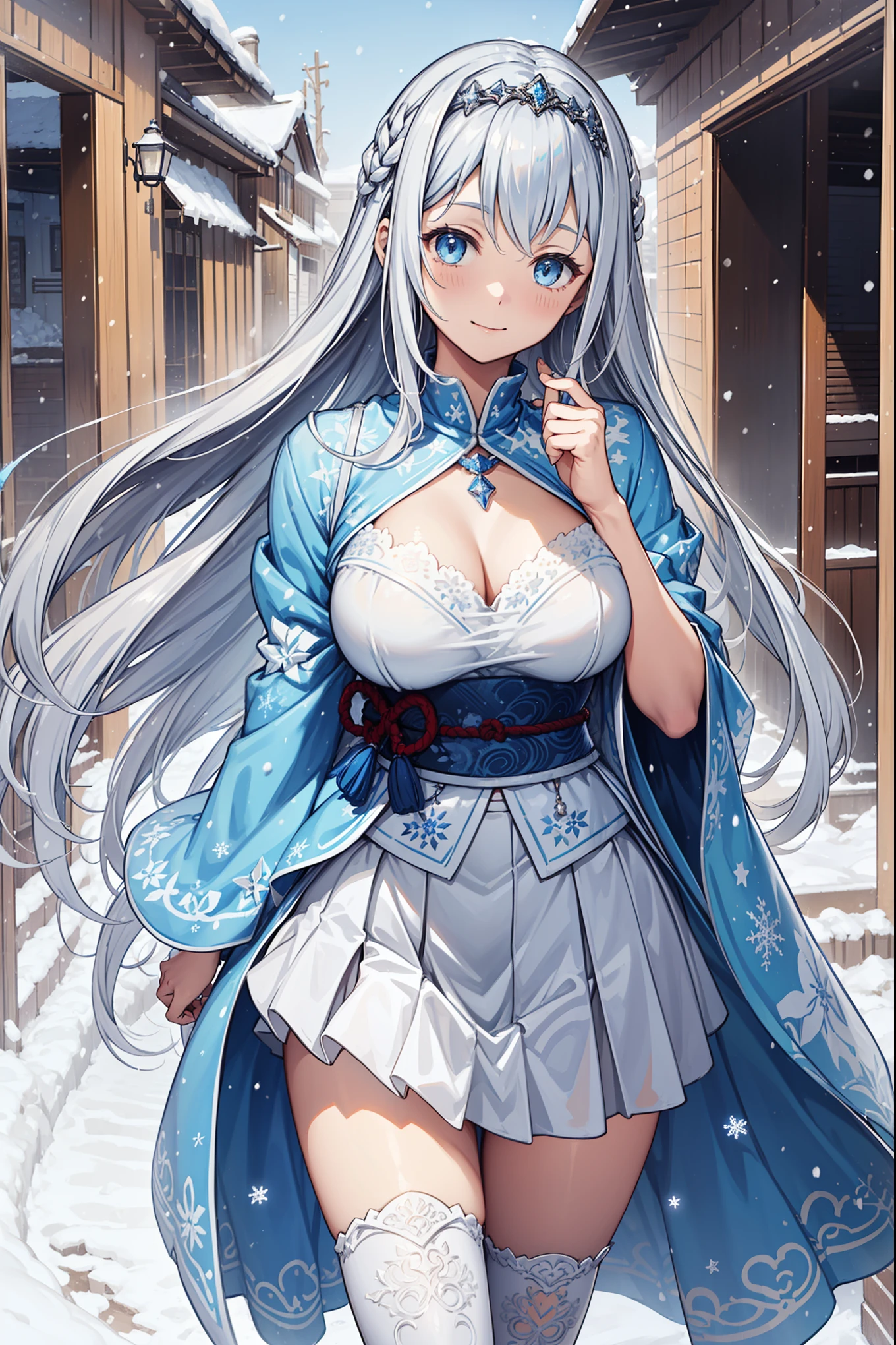 saints,Holy,having fun,El Salvador,(White translucent soft skirt:1.2),Black suspender boots,(Silver hair:1.2),blue eyes,(There are ornaments e of ice on the head),light blue pattern,Light blue edges,Minimalism,Ruffles,Lace,Exquisite embroidery,Exquisite pattern,(Beautifully dressed),Transparent Clothes,The background is a Japanese palace,Snowflakes flying,(Snow in the dark:1.2),The only person,Beautiful and delicate face,Seductive pose