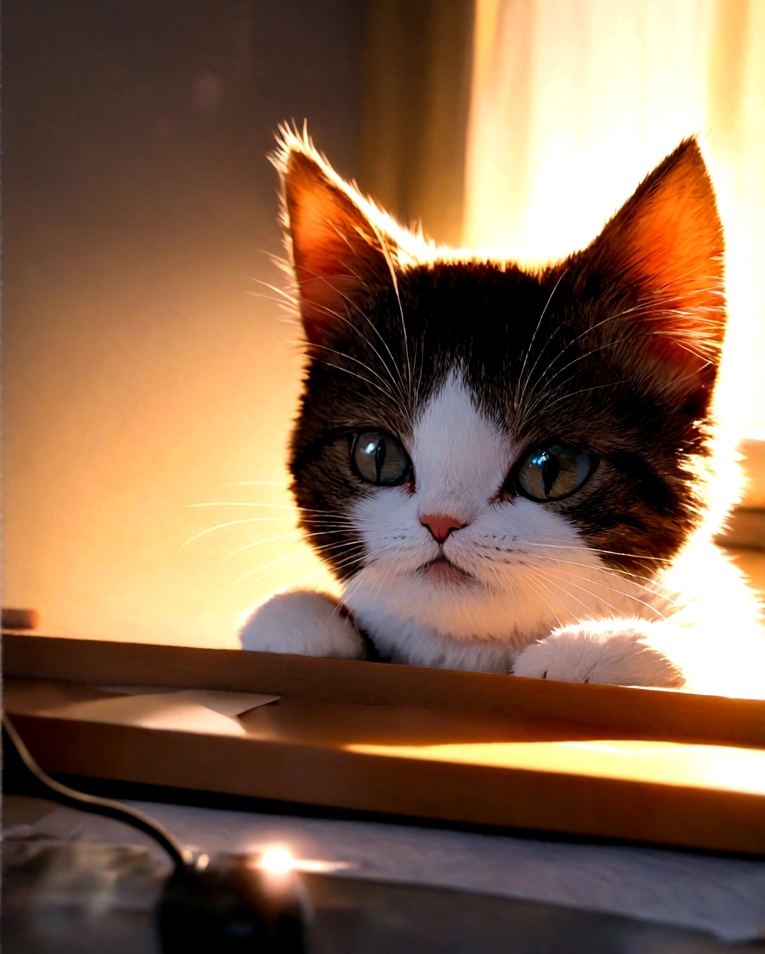 A kitten in a suit sits at a desk、He is checking the documents with a serious expression.、Very cute close up photo, Soft Volume Lamp (Backlight: 1.3), (Kinesiology: 1.2), Intricate details