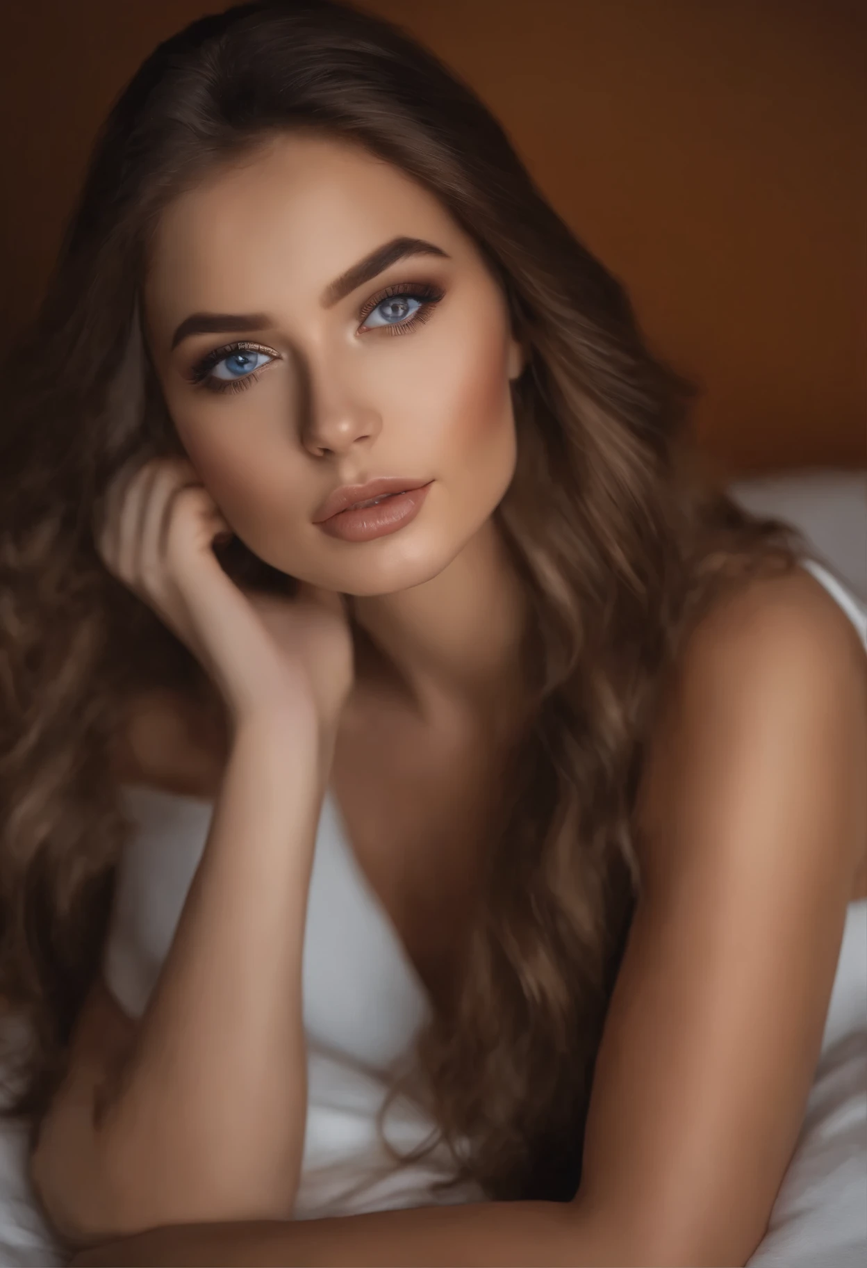 arafed femme pleinement , fille sexy aux yeux marrons, ultra realistic, Meticulously detailed, Portrait de Sophie Mudd, cheveux bruns et grands yeux, selfie d'une jeune femme, Yeux de chambre, violette myers, sans maquillage, maquillage naturel, regarder directement la caméra, visage avec artgram, maquillage subtil, superbe photo de tout le corps à genoux sur le lit, dans la chambre, Medium to large bust