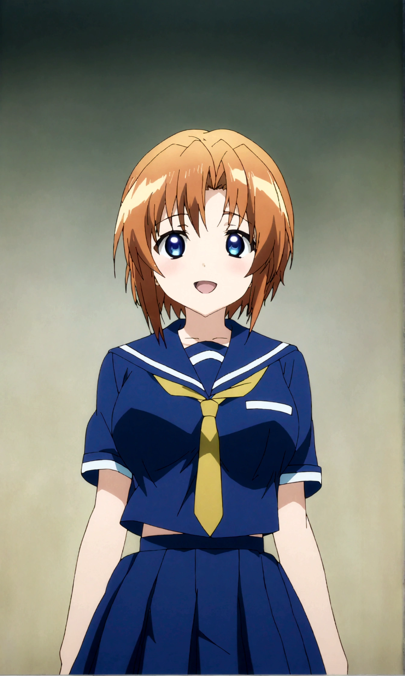 score_9, score_8_up, score_7_up, score_6_up, source_anime, , 1girl, ryuuguu rena, solo, age, kawaii, breasts, medium breasts, blue eyes, blush, open mouth, orange hair, short hair, big breasts, simple background, white background, blue , serafuku, skirt, smile, pleated skirt, blue skirt, necktie, yellow necktie,stylish pose,straight-on,anime screencap, anime coloring,(best quality),(aesthetic,very aesthetic),anime keyvisual,sharp focus,depth of field,,professional lighting,cinematic lighting,