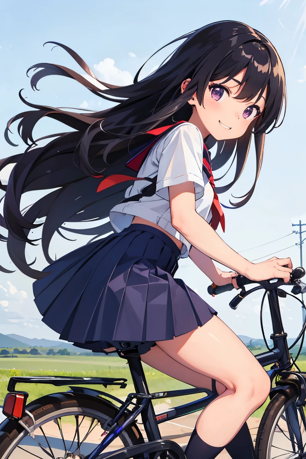 **********************, 8 *********, flat chest, black hair, long hair, purple eyes, smiling（one person） Upper body plain white T-shirt　Black mini skirt and white panties（（I can see her panties））White socks　sneakers　 Rural landscape　Riding a bicycle　Dynamic angle Low angle