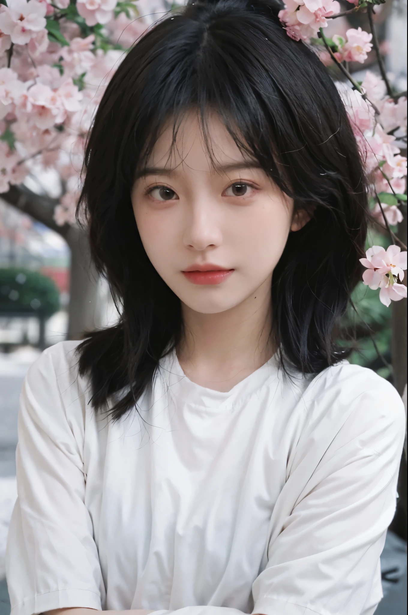 best quality, ultra high resolution, White background,(realistically:1.4), 2 girls, White short sleeves,twin? Cherry blossom rain,A pair of eyes as clear as snow,Royal sister,looking at the audience, close up ,