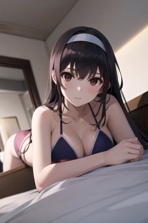 masterpiece, best quality, highres, aautaha, long hair, black hair, hairband, bikini, lying on bed, view from below:1.5, hotel room,