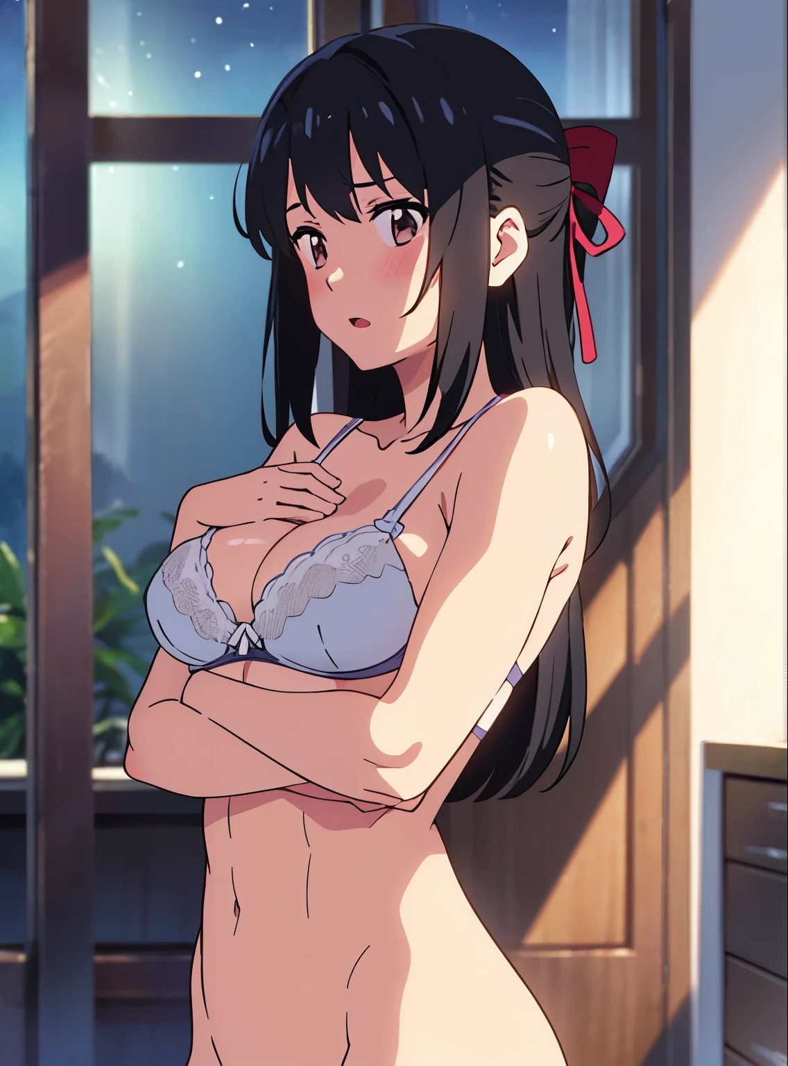shinkai makoto, kimi no na wa., 1boy, nude, muscular, buzzcut, boy behind girl, touching chest, breatsgrope from behind, grab, grabbing chest,chestgrab behind back, hold breast, hug back, hugging, 1girl, bangs, black hair, brown eyes, twisted half up, long hair, hair ribbon, sexy pose, arms up, beach, open mouth, blush, cowboy shot, medium breast, white bra, masterpiece, masterpiece, indoors, night, bedroom