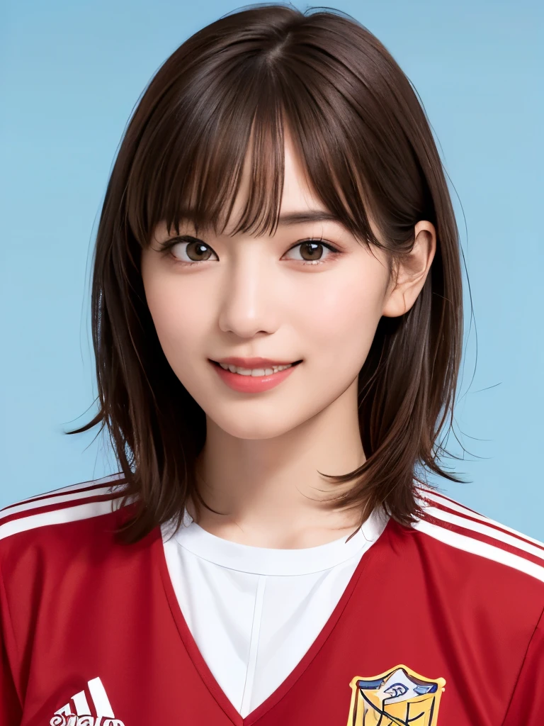 (highest quality、8k、32k、masterpiece)、(Realistic)、(Realistic:1.2)、(High resolution)、Very detailed、Very beautiful face and eyes、1 girl、Round and small face、Tight waist、Delicate body、(close、highest quality、Attention to detail、Rich skin detail)、(highest quality、8k、Oil paints:1.2)、(Realistic、Realistic:1.37)、Bright colors、(((Light Brown Hair)))、(((Upper Body Shot)))、(((Medium Hair)))looks fun、(((White wall background)))、(((Happy expression)))、smile、(((Brown Hair)))、(((Soccer uniforms)))、(((青と白のSoccer uniforms)))、(((Blue uniform)))、touching my head、