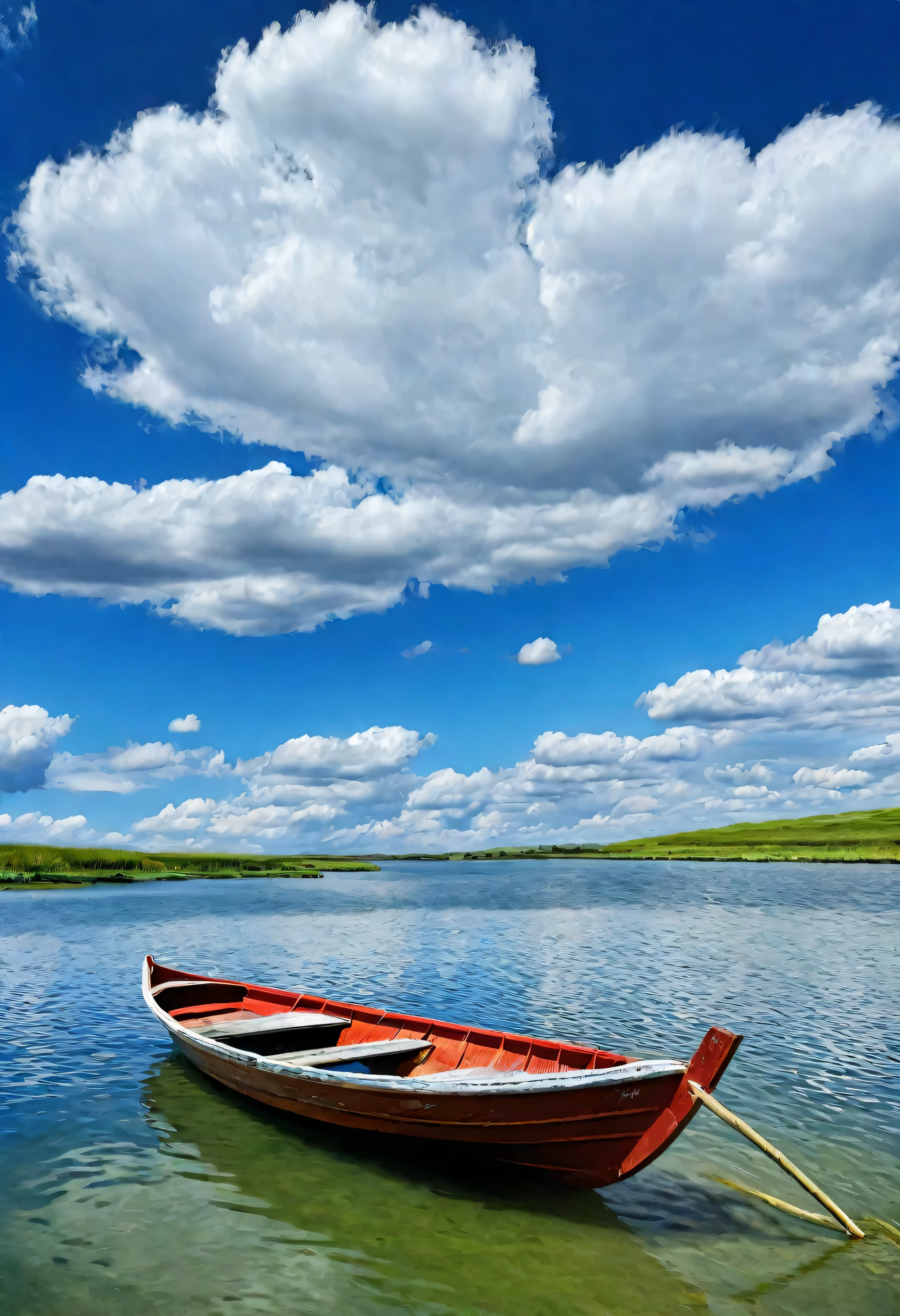 Lake，A Small Boat，Small boat，Blue sky and white clouds，water cleane，reality，World Geography，8K，Ultra HD