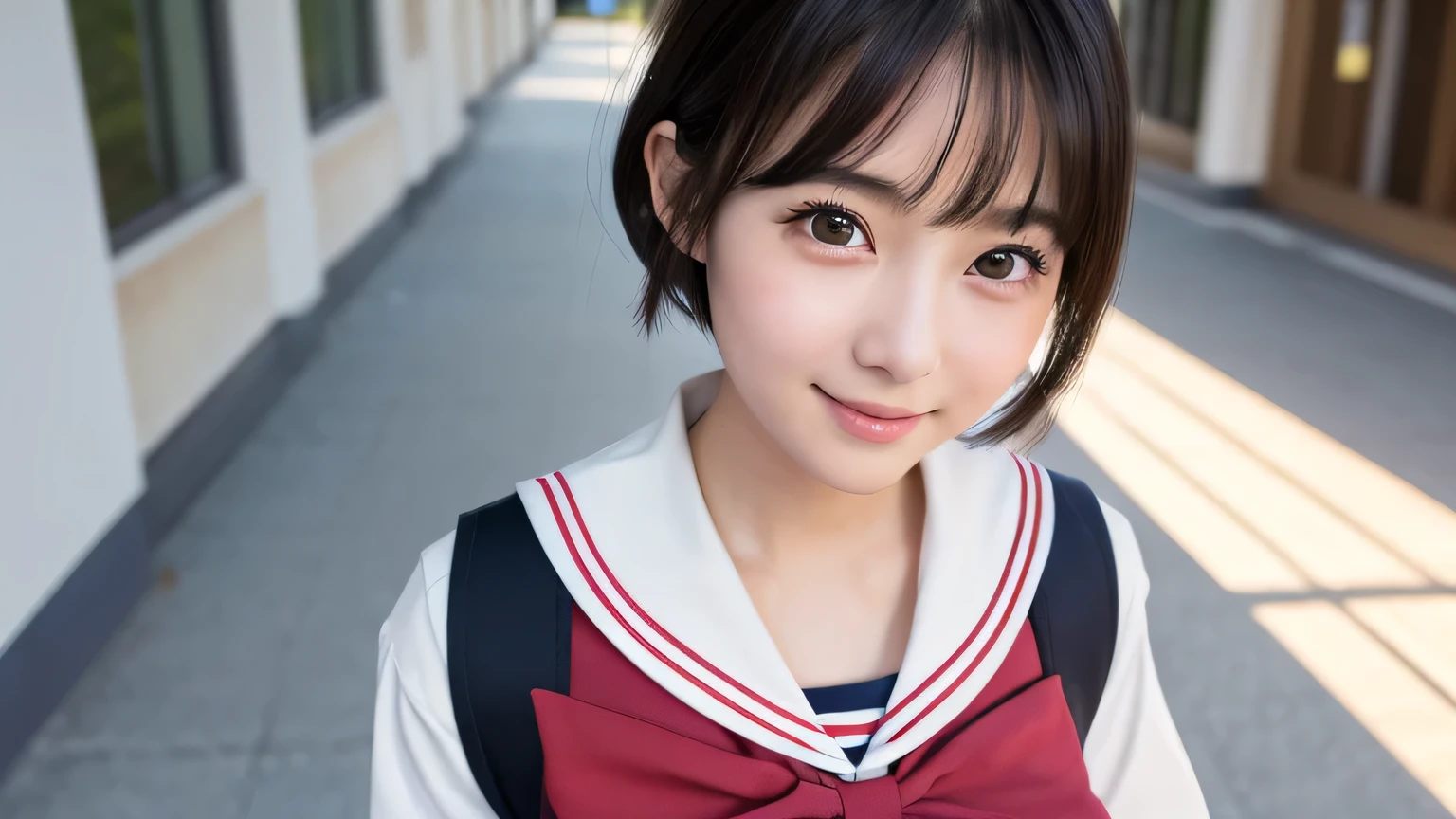 (1 Girl)、(Beautiful Japanese、18years old,round face、Refreshing、clear、seems kind、stylish、Pitiful、cute like an angel、cute、black eyes、,actress,Almond-shaped eyes,Translucent white skin、Beautiful skin), Good style , (((Beautiful big breasts:1.2))),(((soft breasts))),(very cute),(Black hair),(short bob hair),(enchanting eyes),(highlight on eyes:1.2)、(8K、Live shooting、highest quality、masterpiece:1.2、optimal lighting)、((masterpiece)),(Photo taken by a professional photographer),(real、photo real:1.4),break,{ (Cute Japanese high school sailor uniform),((Cute Sailor Suit:1.2))},(cheeks are red:1.3), break, break,Face shot:1.3、 face close-up,Looking up、(Cleavage:0.7)、,Looking Bcak at viewer:1.4,From above,(high school),Normal face、Japanese school、corridor、A sparkling smile,Walking、((((School corridor))))、((((a teacher))))