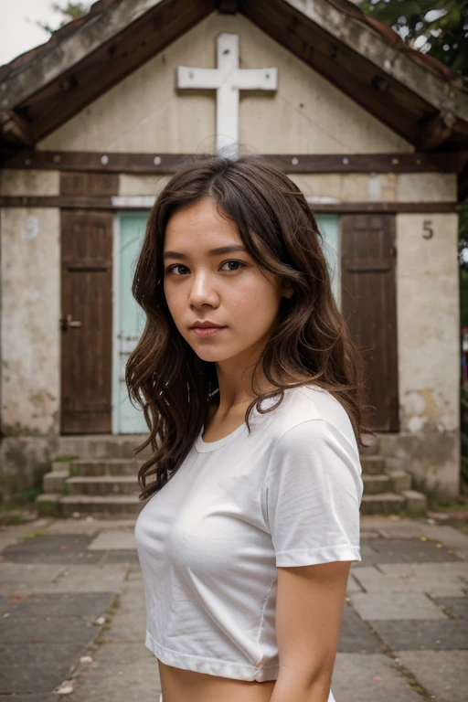 There is a look mark, Cute appearance, But a bit tough woman,Have naturally curly brown hair, Wearing a white top, Standing in front of an old church building, Her name is Xingchen. She stood in front of the church, Shot with Canon eos 5d mark IV, Photos taken with Canon 5d, Old church as background