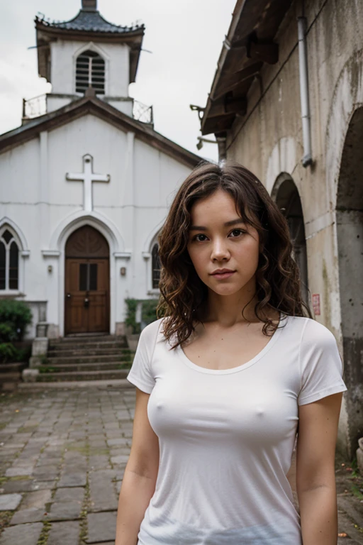 There is a look mark, Cute appearance, But a bit tough woman,Have naturally curly brown hair, Wearing a white top, Standing in front of an old church building, Her name is Xingchen. She stood in front of the church, Shot with Canon eos 5d mark IV, Photos taken with Canon 5d, Old church as background