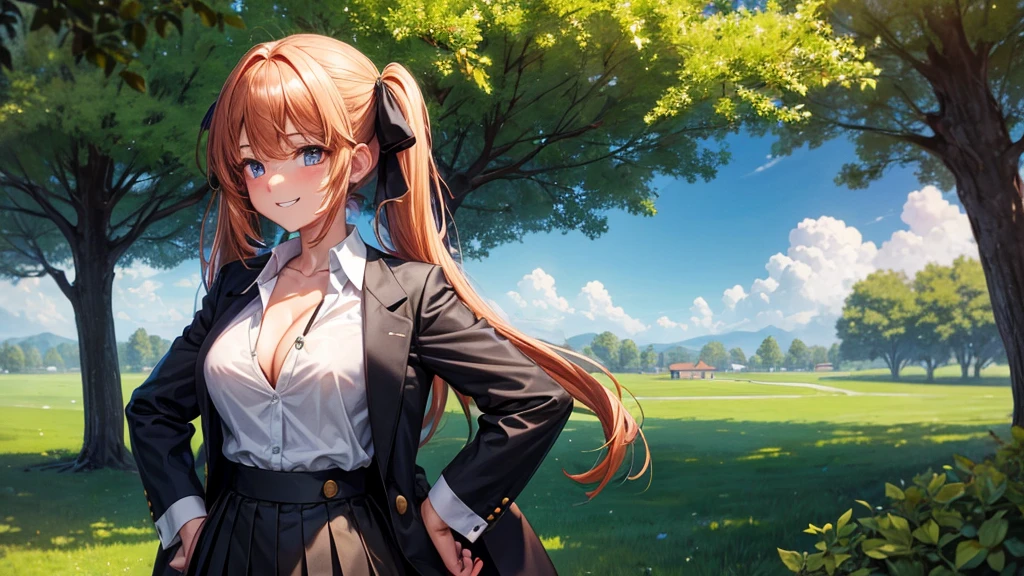 1girl, full body, solo, summer, village, trees, sun, clouds, ((chestnutl hair)), long hair, twintail, large breasts, ((black blazer)), button down shirt, ((white shirt)), ((short sleeved shirt)), ((unbuttoned shirt)), unbuttoning buttons, cleavage 1:3, brown eyes, skirt, grin, looking at the viewer, standing, touching neck, hair ribbon, golden necklate, hands on hip