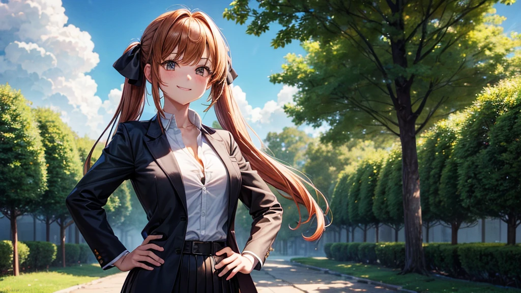 1girl, solo, summer, village, trees, sun, clouds, ((chestnutl hair)), long hair, twintail, large breasts, ((black blazer)), button down shirt, ((white shirt)), ((short sleeved shirt)), ((unbuttoned shirt)), unbuttoning buttons, cleavage 1:3, brown eyes, skirt, grin, looking at the viewer, standing, touching neck, hair ribbon, golden necklate