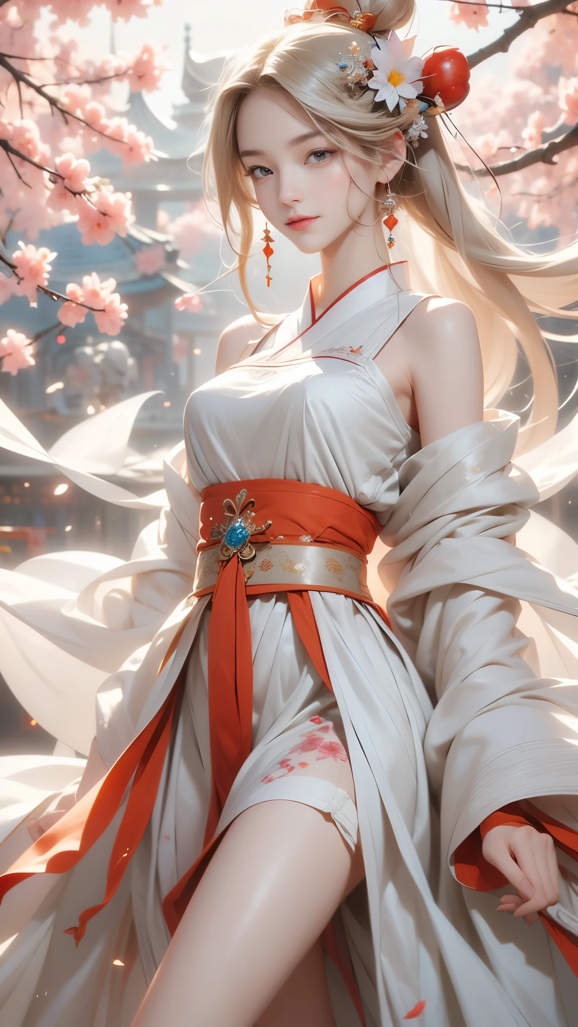 masterpiece，best quality， high质量，high清晰度，high质量的纹理，high质量的阴影，high细节，Beautiful details，Fine details，Extremely detailed CG，Detailed Texture，lifelike的面部表现，lifelike的，rich and colorful，Exquisite，Sharp focus，(Intricate details，make up，PureErosFace_V1:0.5)，(细节美Exquisite脸，(细节美Exquisite眼睛)，Perfect比例的脸，highDetails of the skin，Details of the skin，Four fingers and one thumb in optimal proportions，emaciated:1.3)，1 girl，17 years old，high，(Smooth abs:1.55)，pretty，Perfect，high，((Bare shoulders)), ((The skirt is short)), (Long legs)，(Straight Legs)，(Thin waist)，((White skin))，White skin，((White skin))，(Emma Watson)，Big breasts，((Caucasian))，Light Blonde Hair，Stand with your legs apart，Looking at the audience，whole body，Portrait of cute blonde girl，((Cherry tree)), ((站在Cherry tree下,Look into the distance))，Bloom，Orange Mist，sports，Wisps of hair，lifelike，high品质渲染，Amazing Art，high品质，Film Grain，Fujifilm XT3，dream