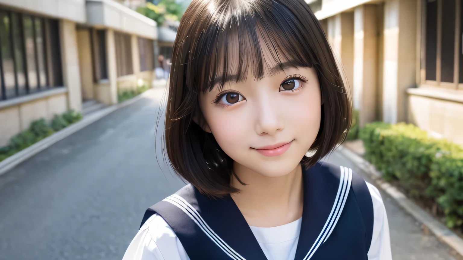 (1 Girl)、(Beautiful Japanese、18years old,round face、Refreshing、clear、seems kind、stylish、Pitiful、cute like an angel、cute、black eyes、,actress,Almond-shaped eyes,Translucent white skin、Beautiful skin), Good style , (((Beautiful big breasts:1.2))),(((soft breasts))),(very cute),(Black hair),(short bob hair),(enchanting eyes),(highlight on eyes:1.2)、(8K、Live shooting、highest quality、masterpiece:1.2、optimal lighting)、((masterpiece)),(Photo taken by a professional photographer),(real、photo real:1.4),break,{ (Cute Japanese high school sailor uniform),((Cute Sailor Suit:1.2))},(cheeks are red:1.3), break, break,Face shot:1.3、 face close-up,Looking up、(Cleavage:0.7)、,Looking at viewer,From above,(high school),Normal face、Japanese school、corridor、A sparkling smile,Walking、((((School corridor))))、Book