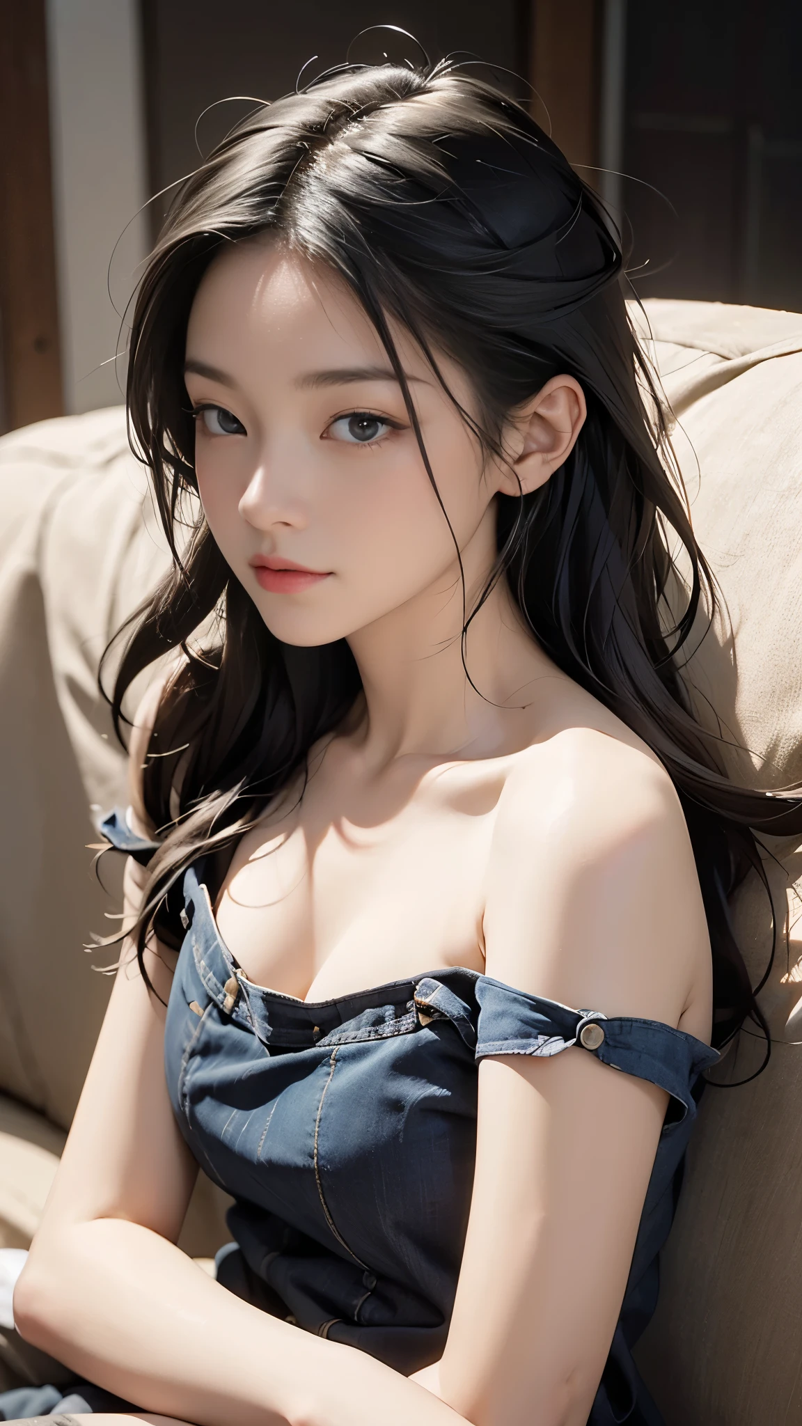 (masterpiece, best quality:1.2), 1girl, solo, ((bare shoulders)),  (Practical:1.37), ((Lying on the sofa)), ((Bird&#39;s-eye view shooting)), Sweet maiden, beautiful妆容, Exquisite makeup, Extremely beautiful eyes, Long hair, curls, slim body, ((Large Breasts, Big breasts, Cleavage)), Sexy slender legs, The skirt is short, Showing off sexy legs, Elegant posture, Seductive pose, Dynamic posing, Best quality, correct, correct的手, correct的腿, 解剖学correct, Official Art, complex, detail的脸, detail, lifelike, Very detailed, amazing, beautiful, Young and energetic, Charming model, Meticulous CG Uniform 8k wallpaper