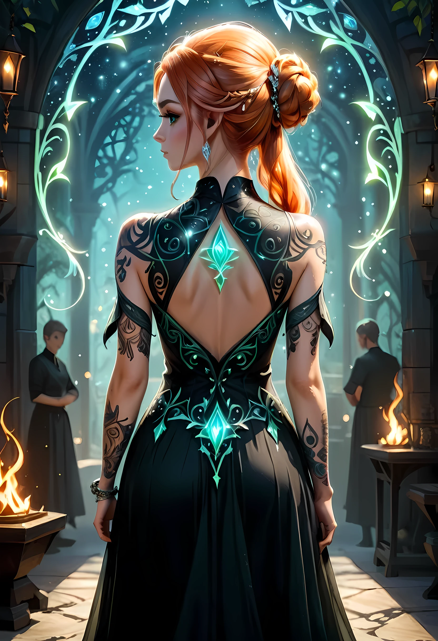 modisn disney, Arafed,  fantasy art, goth art, a picture of a tattoo on the back of a female elf, of  ((glowing: 1.3)) elven magical runes, intricate detailed coming to life,  FireMagicAI, shoot taken from the back, ((the back is visible: 1.3), she wears a transparent black dress, the dress is elegant, flowing, elven style, that the tattoos glow, dynamic hair color, dynamic hair style, crystalline dress