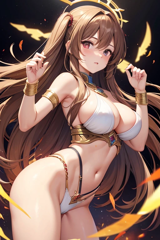 game , Nikke, the goddess of victory, Neat , Light brown hair, Captivating eyes ,Beautiful Face , Crystal Red Eye , Long Hair ,G-cup breasts, Alluring thighs, Put your hands up behind your back,Side view, I'm watching you, At the office
