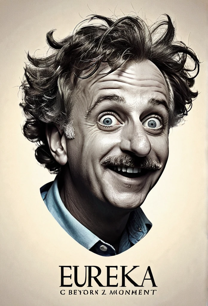 A cinematic illustration of a man with a prominent Pinocchio nose and a wild, Einstein-like hair. His eyes wide with excitement and a beaming smile, he is having a "Eureka!" moment. Above his head, a light bulb illuminates the idea he has just discovered. The background is a swirl of artistically rendered typography, dynamic lines, and a sense of motion. The overall ambiance is energetic and dramatic, capturing the essence of a sudden, groundbreaking revelation., typography, illustration, cinematic