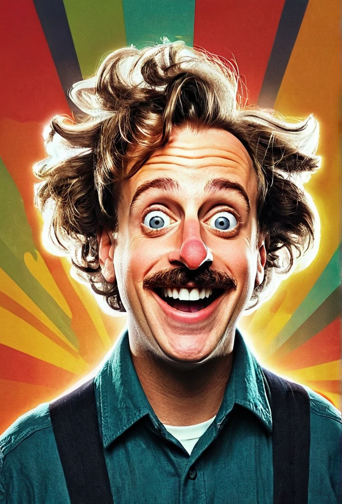 A cinematic illustration of a man with a prominent Pinocchio nose and a wild, Einstein-like hair. His eyes wide with excitement and a beaming smile, he is having a "Eureka!" moment. Above his head, a light bulb illuminates the idea he has just discovered. The background is a swirl of artistically rendered typography, dynamic lines, and a sense of motion. The overall ambiance is energetic and dramatic, capturing the essence of a sudden, groundbreaking revelation., typography, illustration, cinematic