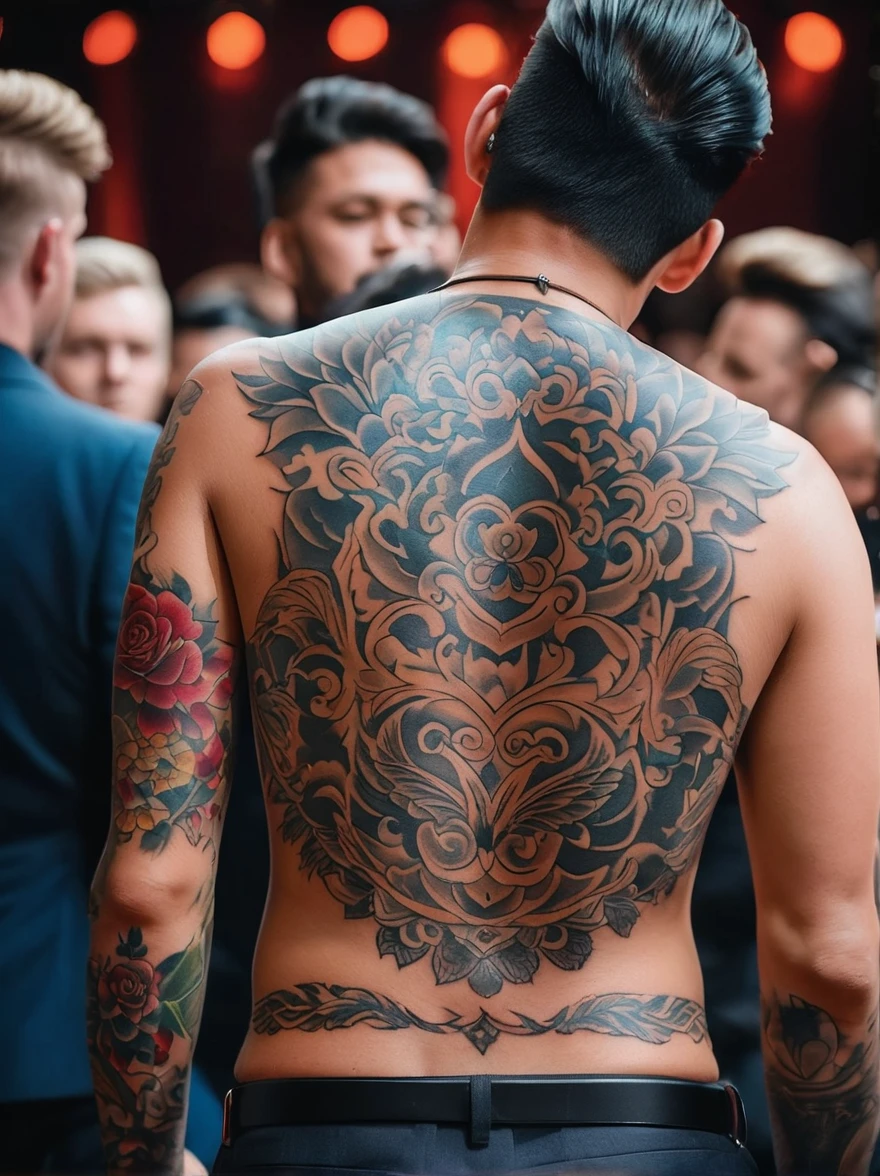 View from behind,Turn your back to the audience,(Close-up of back tattoos:1.3),A man's back,Stretch your arms out to the side,(His whole neck,Raven feather tattoo on the back of the neck and shoulders,Back tattoo transitions to wings),Between the wings,)There is a picture of Yggdrasil, the mythical Norse tree of life.)
