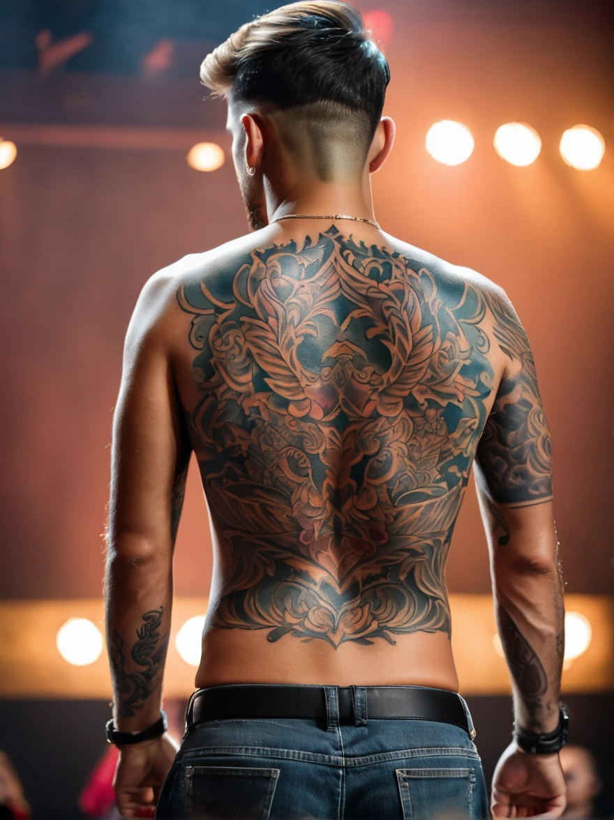 View from behind，Turn your back to the audience，(Close-up of back tattoos:1.3)，A man&#39;s back，Stretch your arms out to the side，(His whole neck，Raven feather tattoo on the back of the neck and shoulders，Back tattoo transitions to wings)，Between the wings，)There is a picture of Yggdrasil, the mythical Norse tree of life.)