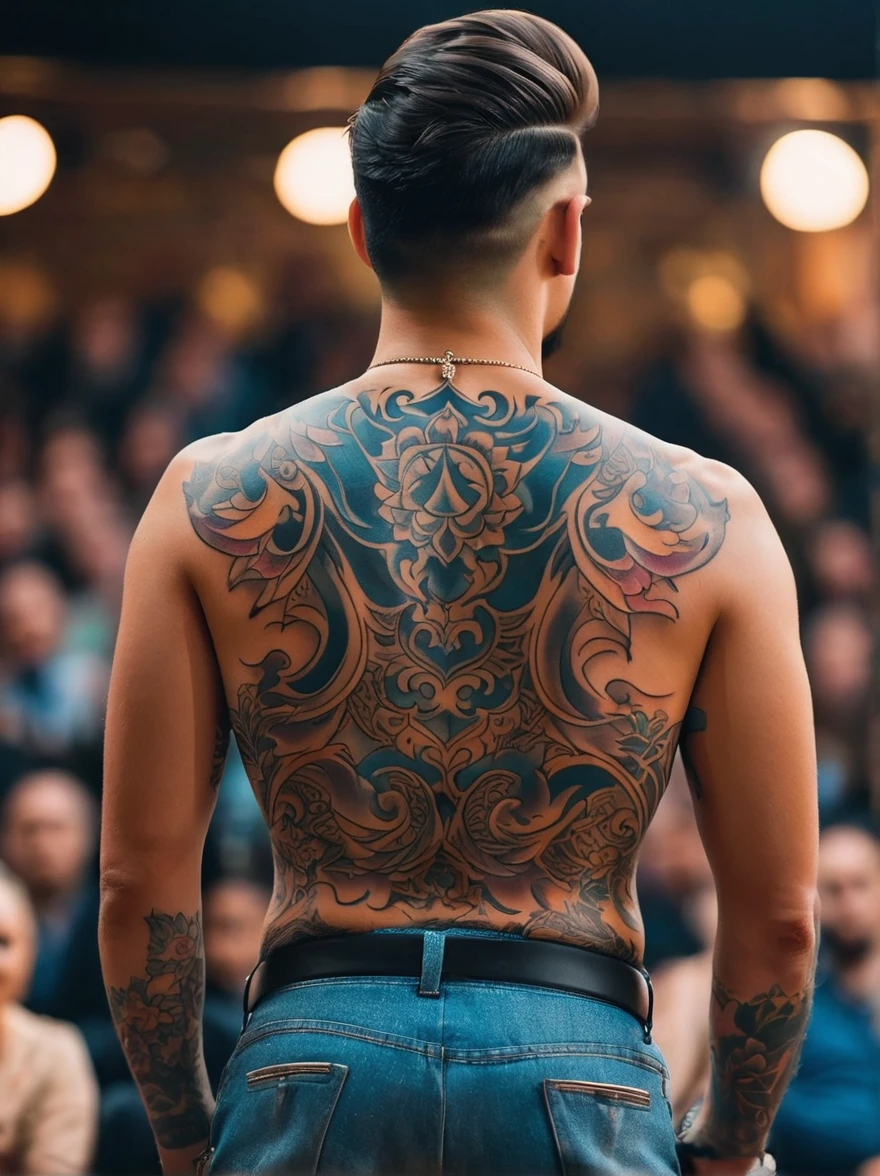 View from behind,Turn your back to the audience,(Close-up of back tattoos:1.3),A man's back,Stretch your arms out to the side,(His whole neck,Raven feather tattoo on the back of the neck and shoulders,Back tattoo transitions to wings),Between the wings,)There is a picture of Yggdrasil, the mythical Norse tree of life.)