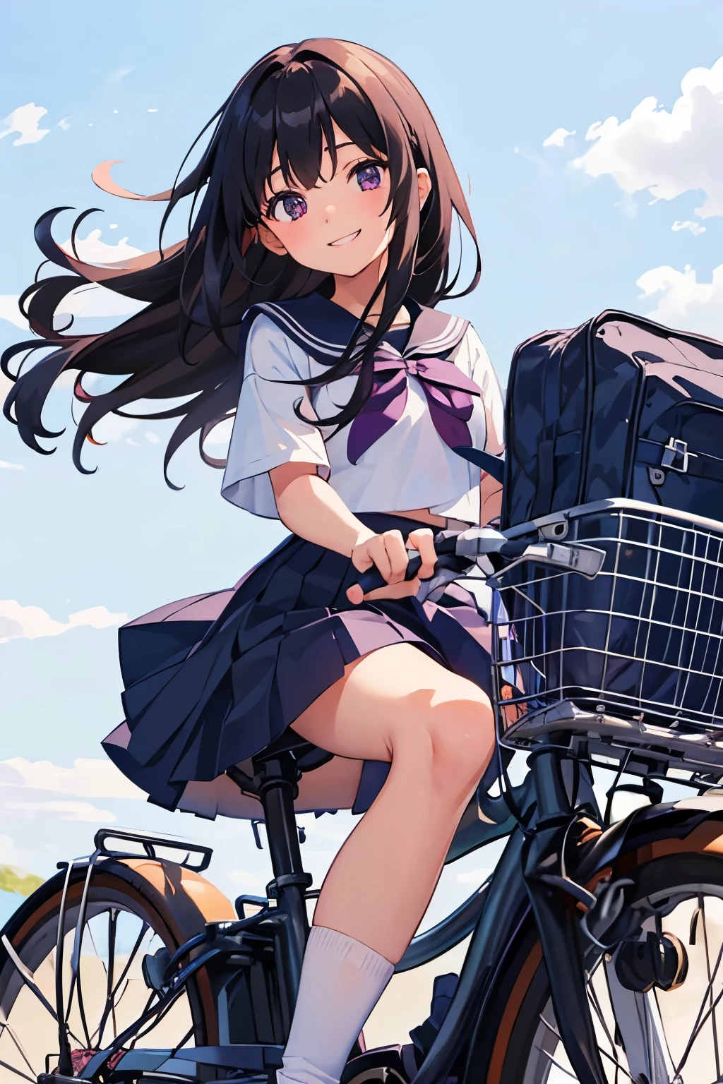 Elementary school girl, 8 years old, flat chest, black hair, long hair, purple eyes, smiling（one person） Upper body plain white T-shirt　Black mini skirt and white panties（（I can see her panties））White socks　sneakers　 Rural landscape　Riding a bicycle　Dynamic angle Low angle