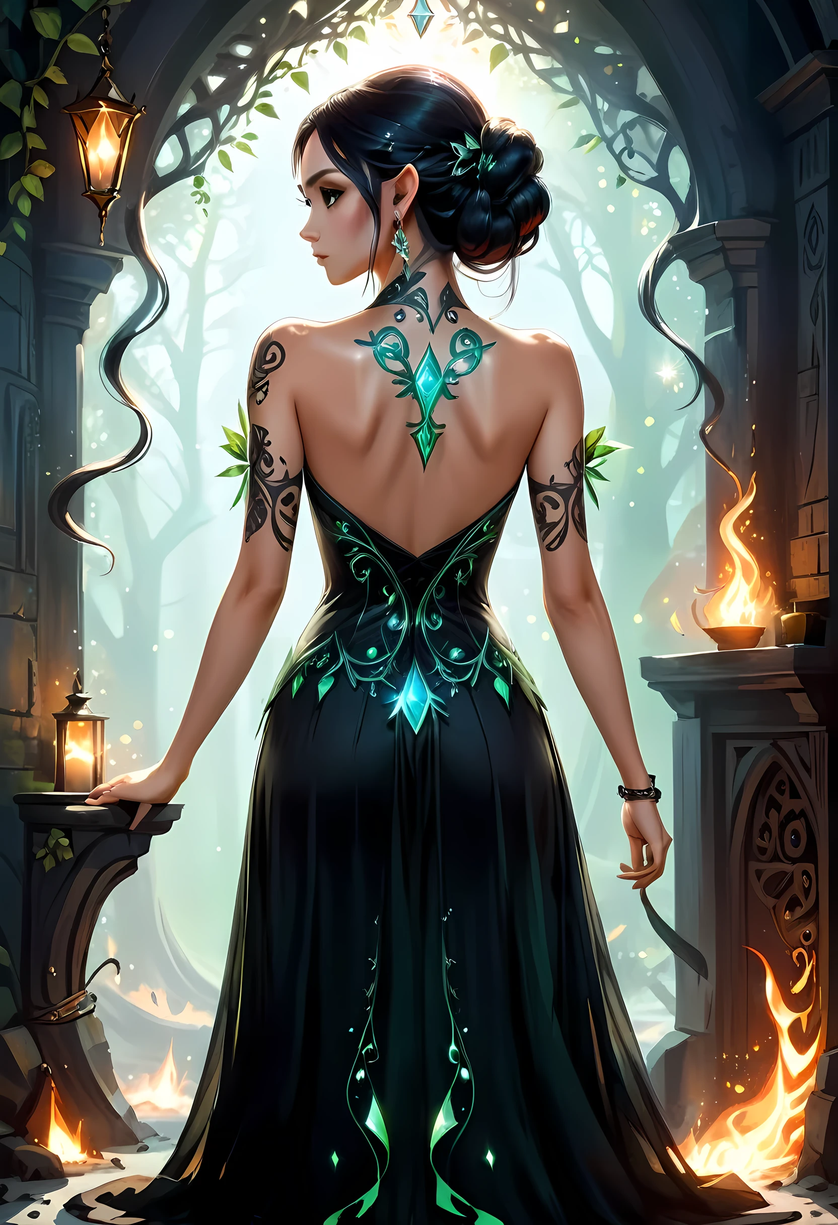 modisn disney, Arafed,  fantasy art, goth art, a picture of a tattoo on the back of a female elf, of  ((glowing: 1.3)) elven magical runes, intricate detailed coming to life,  FireMagicAI, shoot taken from the back, ((the back is visible: 1.3), she wears a transparent black dress, the dress is elegant, flowing, elven style, that the tattoos glow, dynamic hair color, dynamic hair style, crystalline dress