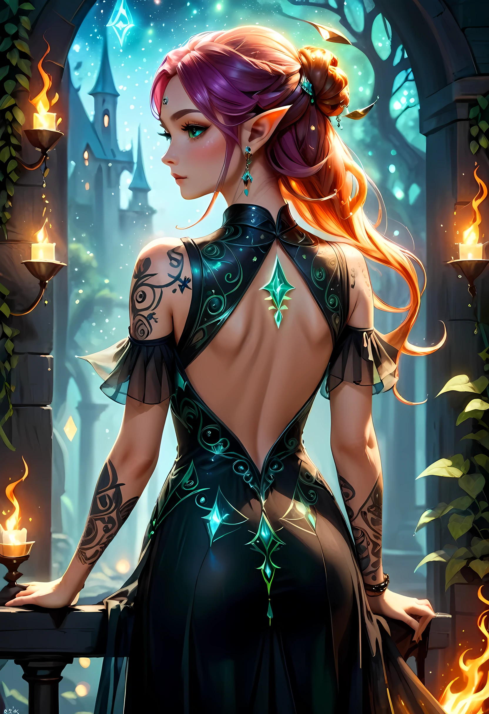 modisn disney, Arafed, fantasy art, goth art, a picture of a tattoo on the back of a female elf, of ((glowing: 1.3)) elven magical runes, intricate detailed coming to life, FireMagicAI, shoot taken from the back, ((the back is visible: 1.3), she wears a transparent black dress, the dress is elegant, flowing, elven style, that the tattoos glow, dynamic hair color, dynamic hair style, crystalline dress