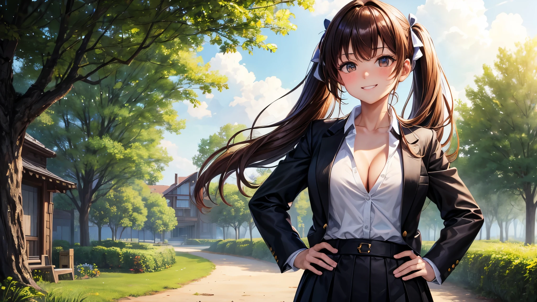 1girl, full body, solo, summer, village, trees, sun, clouds, ((chestnutl hair)), long hair, twintail, large breasts, ((black blazer)), button down shirt, ((white shirt)), ((short sleeved shirt)), ((unbuttoned shirt)), unbuttoning buttons, cleavage 1:3, brown eyes, skirt, grin, looking at the viewer, standing, touching neck, hair ribbon, golden necklate, hands on hip