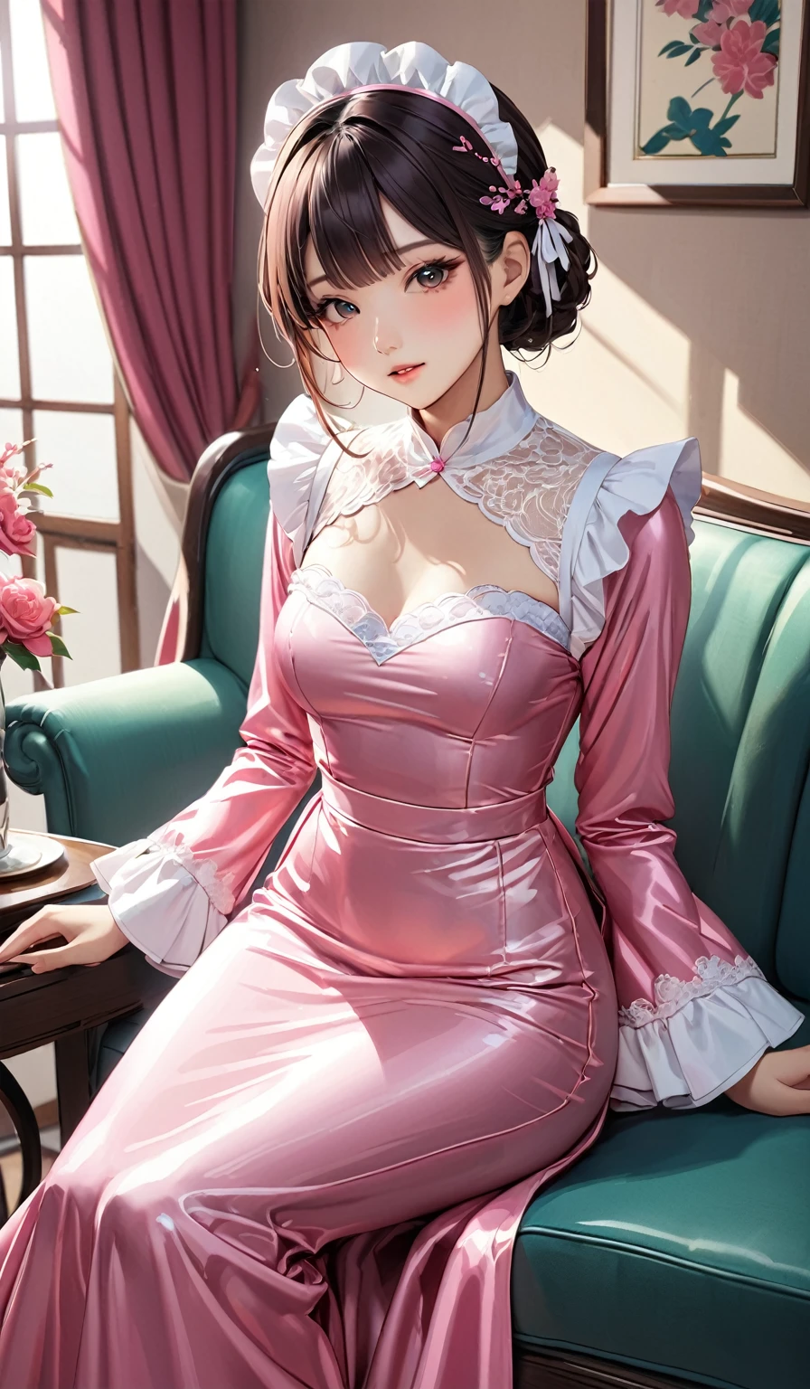 (masterpiece,highest quality,超A high resolution),Japanese women, (((Very beautiful 25 year old girl))), pretty girl、The dress completely covers the whole body.、(Shiny pink long sleeve maid dress)、High-necked shirt、Mermaid-style long skirt、Sitting on the couch