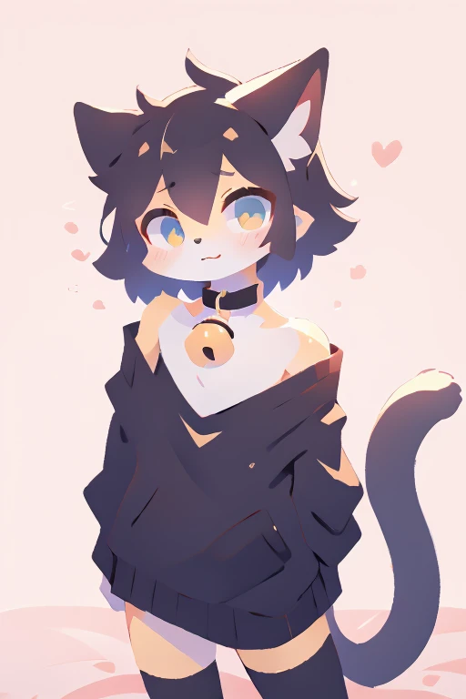 furry, anthro, kemono, chimera cat,giant fluffy cat ears, fluffy cat tail, fluffy black and white fur, light blue and yellow eyes, messy black and white bed hair, 
cute, slim, twink, femboy,
wearing a cat collar with bell, black cropped off the shoulder shirt, black skirt with white stripes, black underwear with bulge and black thigh high socks,
posing cutely, pastel background, 