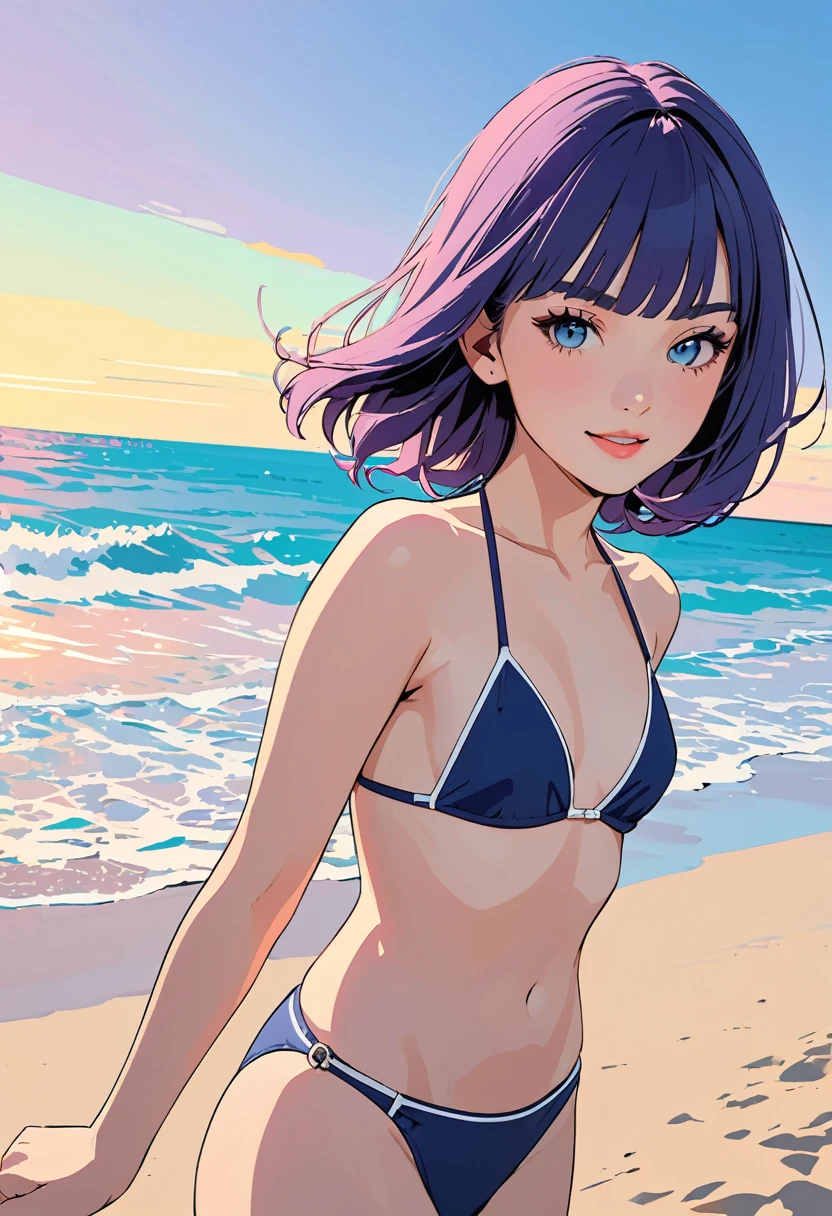 (masterpiece, best quality:1.1),
popart style,flat color,enjoy trip,(1girl,,beautiful detailed face,(navy hair-color,wavy-short hair),parallel eyebrows,navy eyes with large irises,blunt bangs,small nose, fresh lips,small breasts),beach,bikini,very happy,beautiful lighting,dynamic angle,depth of field,photographic portrait, sharp,