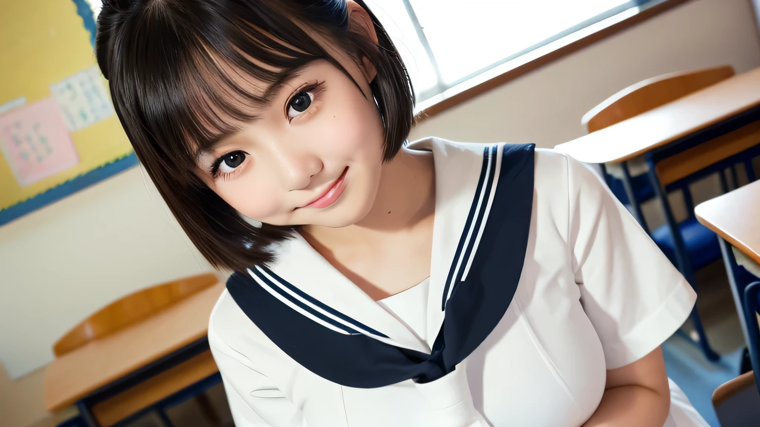 (1 Girl)、(Beautiful Japanese、18years old,round face、Refreshing、clear、seems kind、stylish、Pitiful、cute like an angel、cute、black eyes、,actress,Almond-shaped eyes,Translucent white skin、Beautiful skin), Good style , (((Beautiful big breasts:1.2))),(((soft breasts))),(very cute),(Black hair),(short bob hair),(enchanting eyes),(highlight on eyes:1.2)、(8K、Live shooting、highest quality、masterpiece:1.2、optimal lighting)、((masterpiece)),(Photo taken by a professional photographer),(real、photo real:1.4),break,{ (Cute Japanese high school sailor uniform),((Cute Sailor Suit:1.2))},(cheeks are red:1.3), break, break,Face shot:1.3、 face close-up、(Cleavage:0.7)、,Both eyes closed,From below,(high school),(tear:1.4),Shy face、Japanese school、(((classroom)))、(((machine))),(((Very embarrassed)))、smile