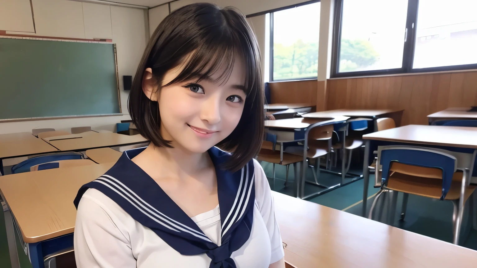 (1 Girl)、(Beautiful Japanese、18years old,round face、Refreshing、clear、seems kind、stylish、Pitiful、cute like an angel、cute、black eyes、,actress,Almond-shaped eyes,Translucent white skin、Beautiful skin), Good style , (((Beautiful big breasts:1.2))),(((soft breasts))),(very cute),(Black hair),(short bob hair),(enchanting eyes),(highlight on eyes:1.2)、(8K、Live shooting、highest quality、masterpiece:1.2、optimal lighting)、((masterpiece)),(Photo taken by a professional photographer),(real、photo real:1.4),break,{ (Cute Japanese high school sailor uniform),((Cute Sailor Suit:1.2))},(cheeks are red:1.3), break, break,Face shot:1.3、 face close-up、(Cleavage:0.7)、,Both eyes closed,From below,(high school),(tear:1.4),Shy face、Japanese school、(((classroom)))、(((machine))),(((Very embarrassed)))、smile