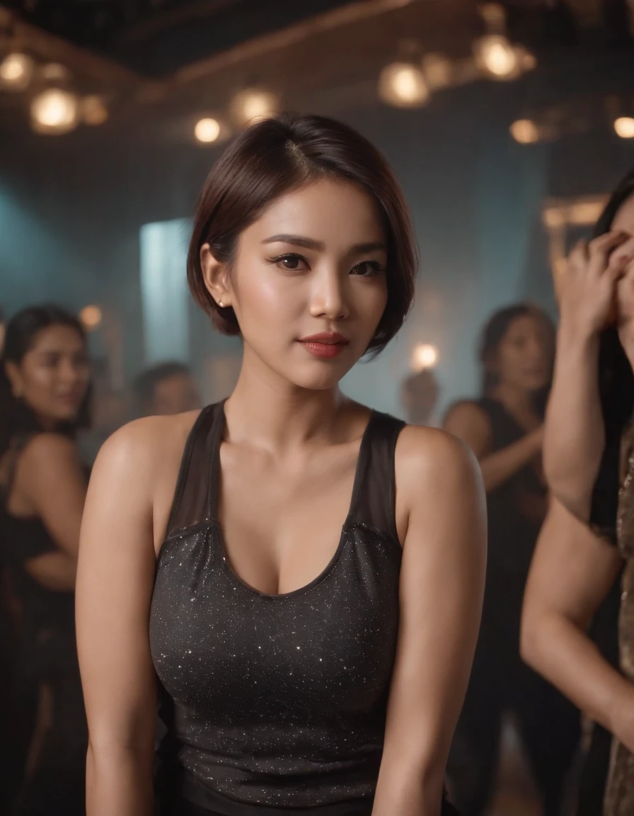 Indonesia busty woman shorthair wear tanktop dancing in the club