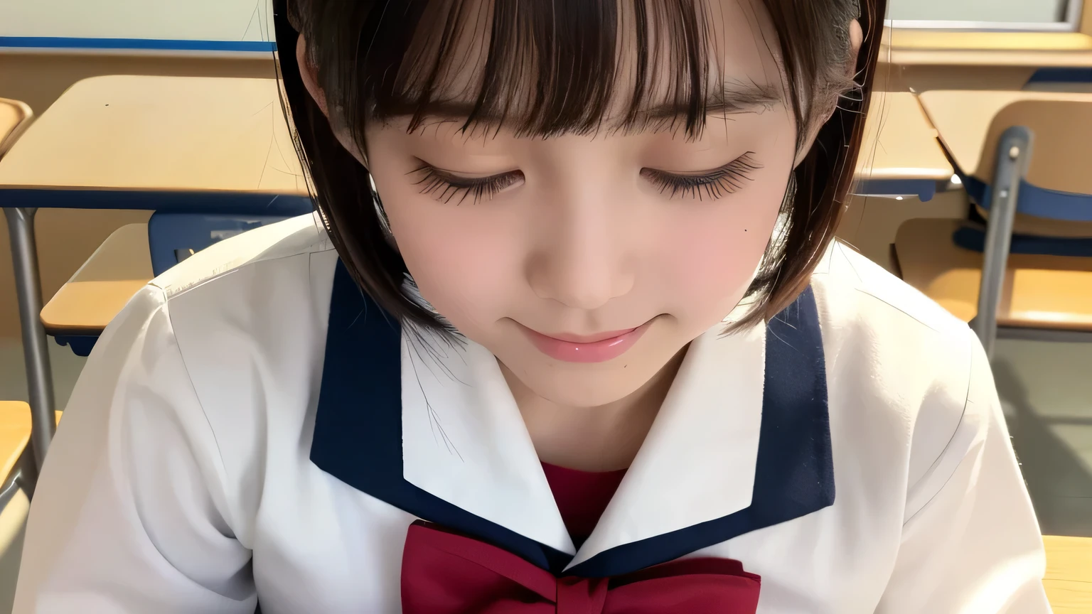 (1 Girl)、(Beautiful Japanese、18years old,round face、Refreshing、clear、seems kind、stylish、Pitiful、cute like an angel、cute、black eyes、,actress,Almond-shaped eyes,Translucent white skin、Beautiful skin), Good style , (((Beautiful big breasts:1.2))),(((soft breasts))),(very cute),(Black hair),(short bob hair),(enchanting eyes),(highlight on eyes:1.2)、(8K、Live shooting、highest quality、masterpiece:1.2、optimal lighting)、((masterpiece)),(Photo taken by a professional photographer),(real、photo real:1.4),break,{ (Cute Japanese high school sailor uniform),((Cute Sailor Suit:1.2))},(cheeks are red:1.3), break, break,Face shot:1.3、 face close-up、(Cleavage:0.7)、,Both eyes closed,From below,(high school),(tear:1.4),Shy face、Japanese school、(((classroom)))、(((machine))),(((Very embarrassed)))、smile