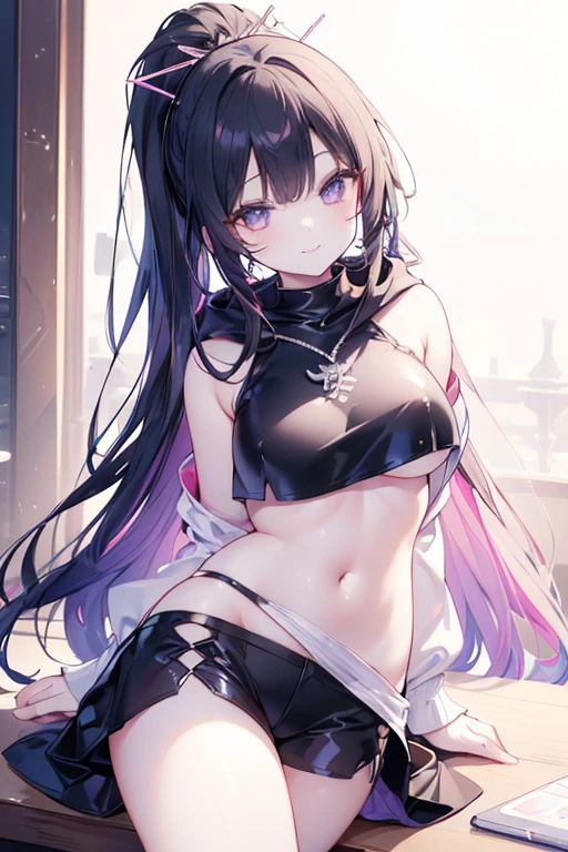 ((on the table)), best quality, absurd, Super detailed, holographic, Cowboy shooting, dynamic poses, golden ratio, Super Lovely Girl, mature girl, extremely beautiful, super beautiful asian girl,With super beautiful purple eyes, Super beautiful white hair, shiny skin, high ponytail, Good and harmonious , Slender and delicate figure, Perfect body, Wearing a white crop top with a super tight print, Lovely( Reasonable design, clear lines, high definition,best quality, Very detailed, on the table, Lighting effects, 4K )、(Hooded sweatshirt、long sleeve hoodie、(pastel colors:1.5)、(Lovely illustration:1.5)(1 girl in:1.0)、White background、girl with、Whole BodyEsbian、black and red pattern、Natural light、Lovely,、long hair, black hair、Red bangs、Partial redhead、A black hair、(blue eyes:1.0)、shorts、Whole BodyEsbian, fantasy, detailed picture、smile slightly、Very cute、Lovely、Feng and Feng、smile slightly、best smile,top quality, masterpiece,hair accessories, necklace, jewelry, pretty face, calm smile, , Tyndall effect,edge lighting, two color lights, (HD skin:1.2), 8K Ultra HD, soft light, high quality, Volumetric lighting, confess, photography, high resolution, 4k, 8k, Bokeh,boots,Very tall,Straps,dress,full-body shot