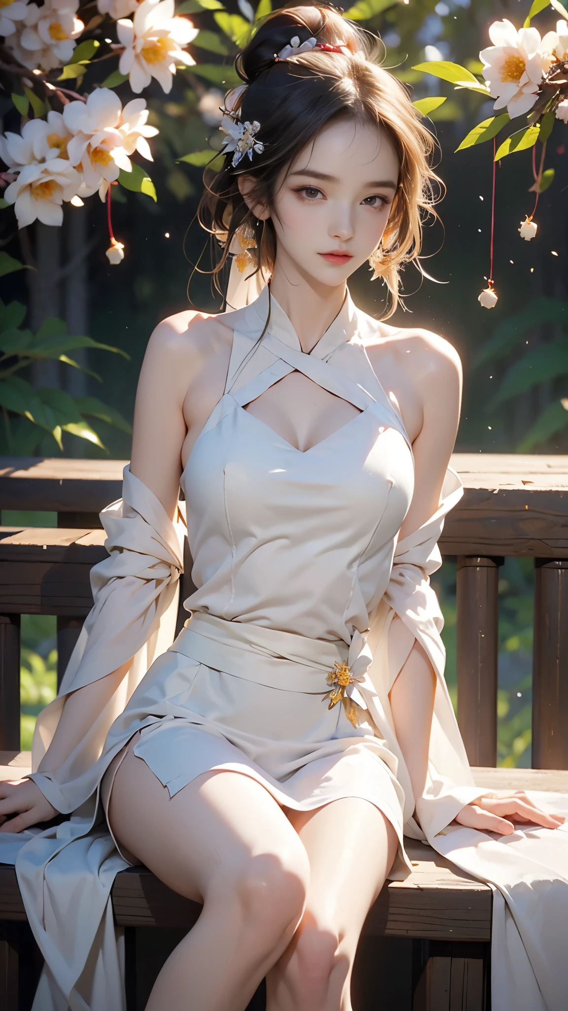 Best quality, 1 girl, Sitting on the steps, Hentai, shoulder length hair cut, White hair, short top, open chest