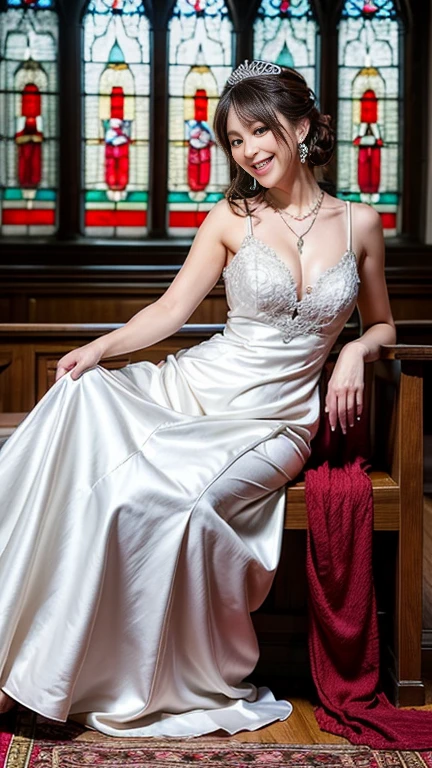 highest quality, Realistic, Very detailed, finely, High resolution, 8k wallpaper, Beautiful woman,, Brown hair short ponytail, (silk wedding dresses), Perfect dynamic composition, finelyて美しい目, Ample breasts, Realistic , smile, Model Body Type、Earrings,garnet necklace,tiara,(I have a book),Beautiful feet,(Church with beautiful stained glass),Full Body Shot:1.3,Smile and laugh,