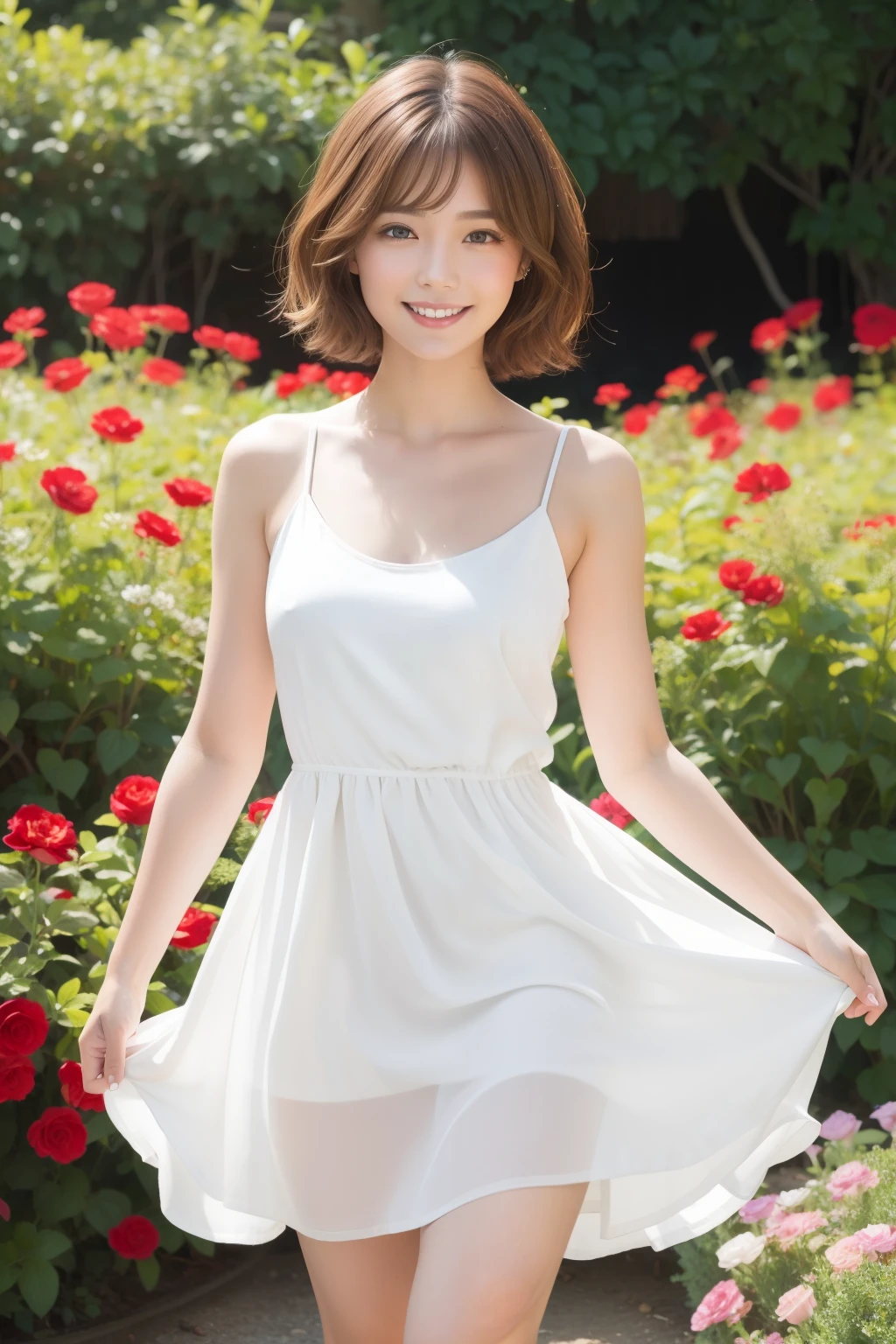 masterpiece, 8k, High resolution, Highly detailed face, photorealistic, high resolution, 1 girl, dancing in the garden, garden with big door, red flowers, (joyful expression), (smile:1.3), ((upper body)), ((colorful short hair)), (22 year old girl), beautiful face, (realistic face), (light brown hair, super short hair:1.3), beautiful hairstyle, realistic eyes, beautiful detailed eyes, (realistic skin), beautiful skin, (loose shirt), (white dress:1.5), (red shoes:1.4)
