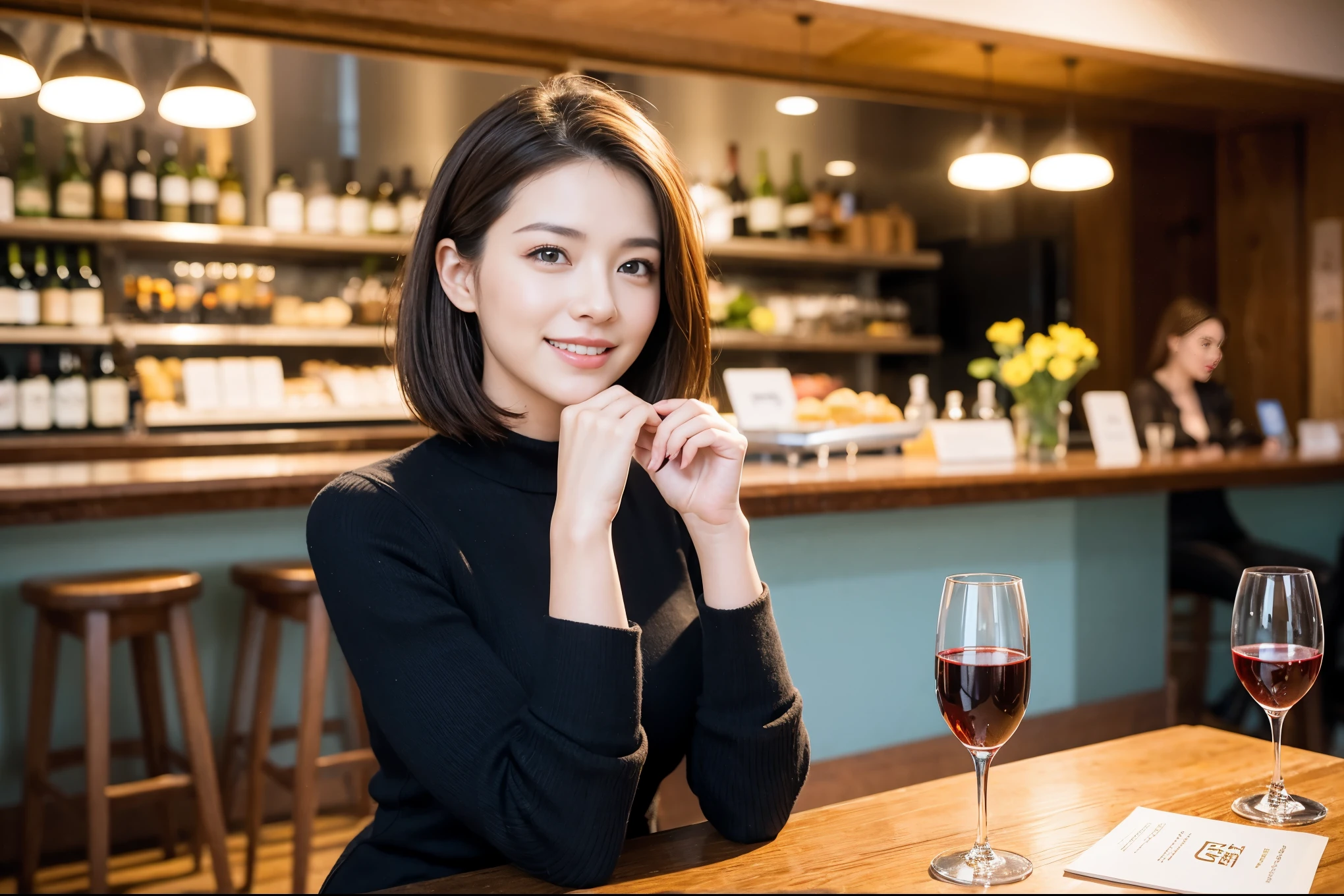 ((highest quality、8k、masterpiece:1.3))、1 male 1 female、Couple、Spouse、Couple、The body is slim、((Bob Hale、Straight hair:1.2)), (Realistic, Intricate details:1.2), テーブルの上のwine glass、Put the light on your face、 Amazing view of the sunset sky and clouds、Amazing mountain views、A bright smile、The wonderfulness of smile、Bright image、The beauty of wine, Beautiful Face, blue eyes, The light shines on your face, Blushing, short hair,Bright Face、 (Age 37), 39 years old, red wine 、Appetizers、Italian food、Wine bottle、Champagne、sparkling wine、Two beauties、Brown Hair、Shortcuts、Long sleeve shirt、dress、Pretty Woman 1, (slimな顔), (The body is slim), (Brown Hair), (Shortcuts), cheeks turn a little red,Attractive beauty、restaurant, In a prominent place (From the waist up) Nova Frog Style, actress, model, Upper Body, White wine, slim, wine glass, 中央に置かれたwine glass, smile, (smile: 1.15), Beautiful fine grain, Depth f/2,saturation, High Contrast, Strong light and shadow,Moist Body:1.5、3D texture、Delicate eyes、Brown Hair、The hair is very shiny、