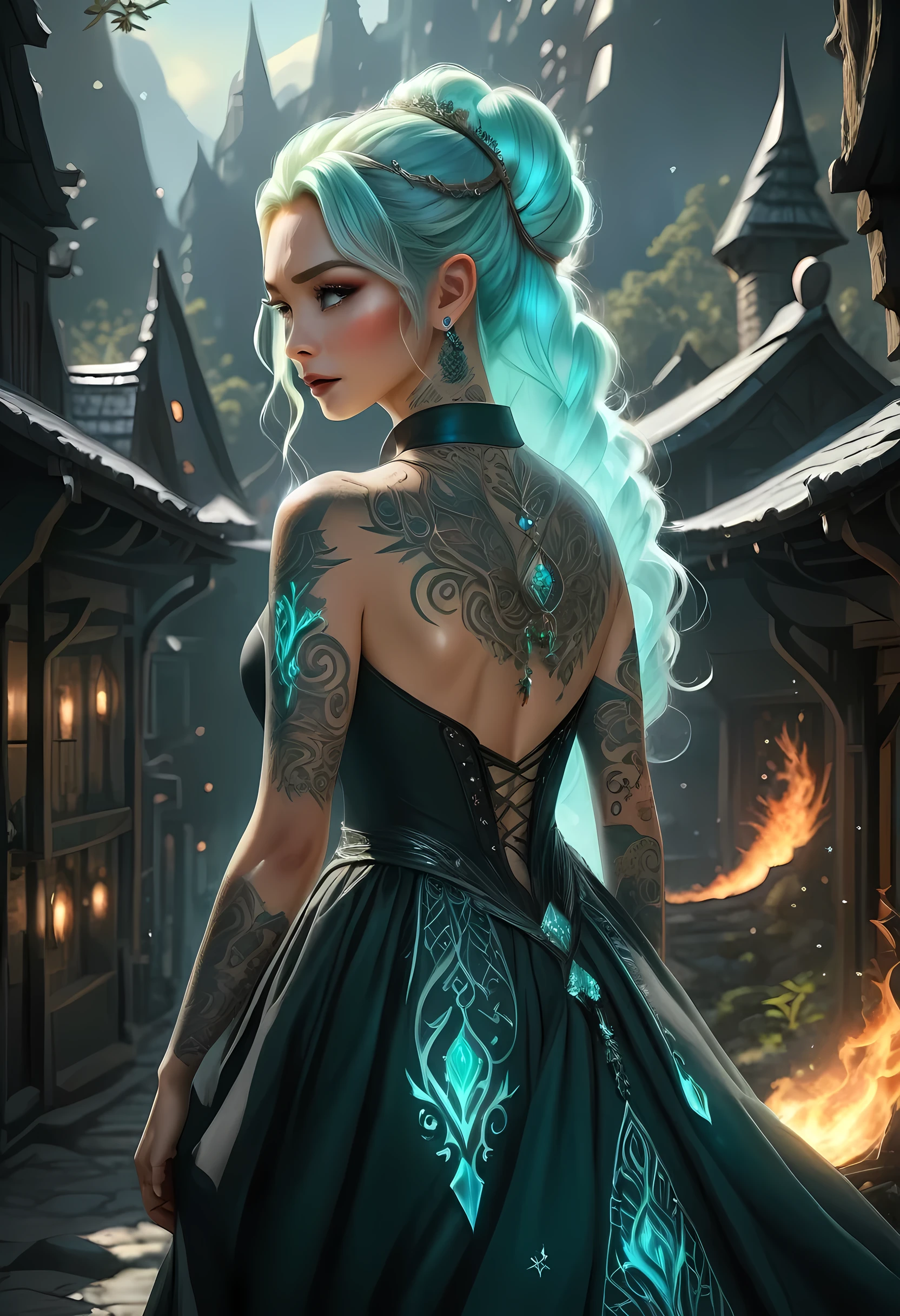 modisn disney, Arafed, Dark fantasy art, fantasy art, goth art, a picture of a tattoo on the back of a female elf, of ((glowing: 1.3)) elven magical runes, intricate detailed coming to life, FireMagicAI, shoot taken from the back, ((the back is visible: 1.3), she wears a transparent black dress, the dress is elegant, flowing, elven style, that the tattoos glow, dynamic hair color, dynamic hair style, crystalline dress, faize