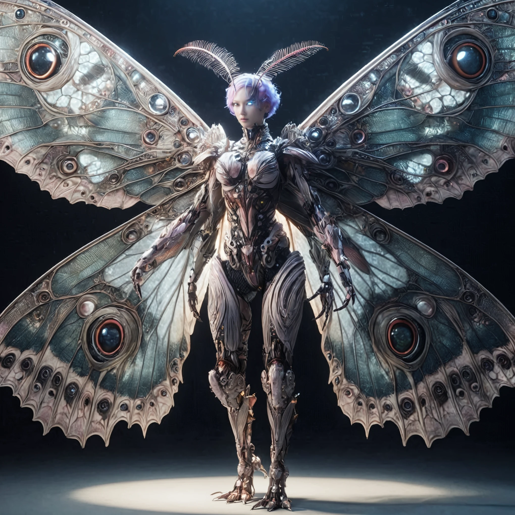 (top-quality:1.2, masterpiece), ultra high res,(Photorealsitic:1.4), (cockroach-like bio insect suit:1.3), heavy weapons,large wings, vivid textures,insect legs, pink  hair, glowy skin, japanese girl beautiful face,  ((super realistic intricate details)), full body shot, globalillumination, octan render, ultrasharp, character edge light, Details of complex ornaments, Acrylic Clear Cover, Hydraulic cylinder