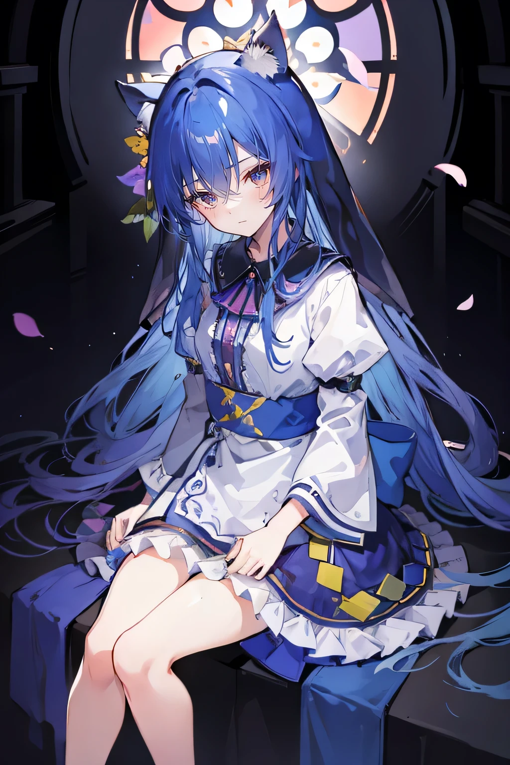 (masterpiece:1.2),Extremely detailed,Practical,expressive eyes,Fair skin,Perfect face shaping,1 Girl,
Japanese cartoons,Gorgeous blue hair, the long flowing blue hair,Floating clothes,Cat ears,Petals fall,beautiful lola,Angel,
Place your hands on your waist,sit elegantly on the ground,Cross your legs,Gentle and peaceful background,stately church,nun,torn clothes.