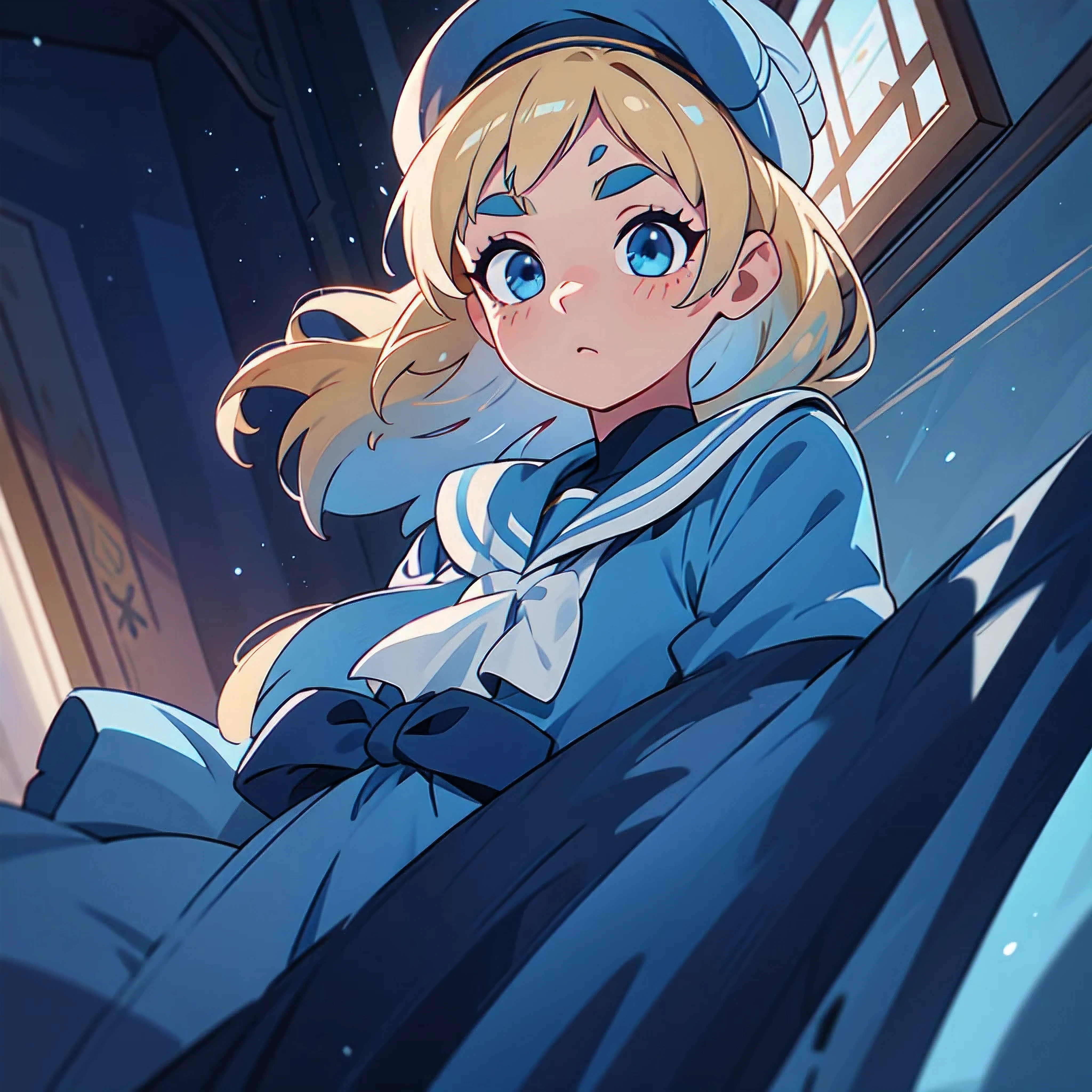 [ Detailed lighting， detailedshadows, 4K, high-quality, breathtaking, super detailing， high detal, tmasterpiece, offcial art, captivating visual, extremely detailed CG unity 8k wallpaper, very fine 8K CG wallpaper, cold look ] classroom ,1 woman, blue eyebrows, blue eyes, blond hair, sailor outfit