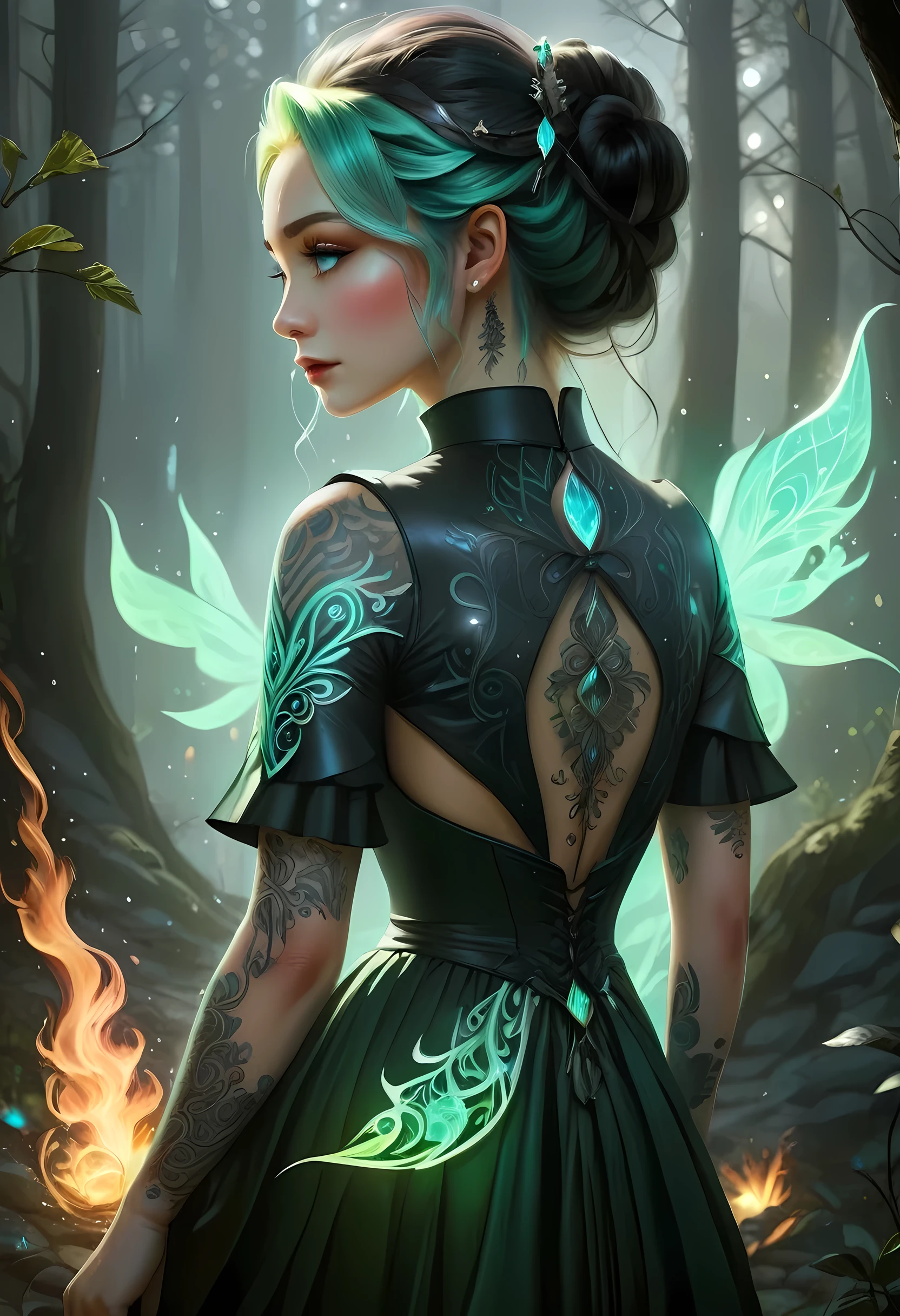 modisn disney, Arafed, Dark fantasy art, fantasy art, goth art, a picture of a tattoo on the back of a female elf, of  ((glowing: 1.3)) elven magical runes, intricate detailed coming to life,  FireMagicAI, shoot taken from the back, ((the back is visible: 1.3), she wears a transparent black dress, the dress is elegant, flowing, elven style, that the tattoos glow, dynamic hair color, dynamic hair style, crystalline dress, faize