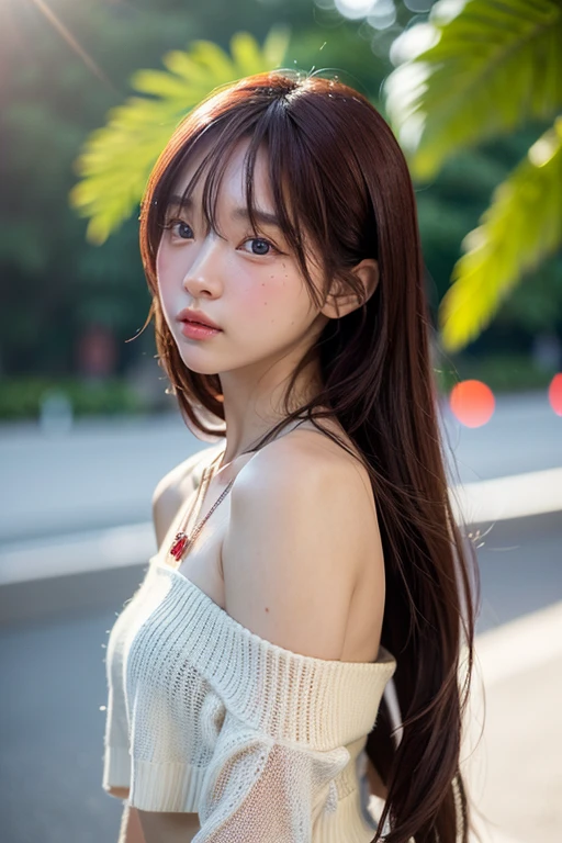 8k, masterpiece, original photo, best quality, Reality, Extremely detailed CG Unity 8K wallpaper, Depth of Field, Movie Lighting, lens flare, Ray Tracing, (Extremely beautiful face, Beautiful lips, beautiful eyes), Intricately detailed face, ((Ultra-delicate skin), Beautiful 1 girl best quality photos, Ultra-high resolution, (Realistically:1.4),Cute hairpin,1 girl,Red long hair,Cropped sweater ,Beautiful slim woman:1.4, on the island,Super thin face,Exquisite eyes,double eyelids,Necklace