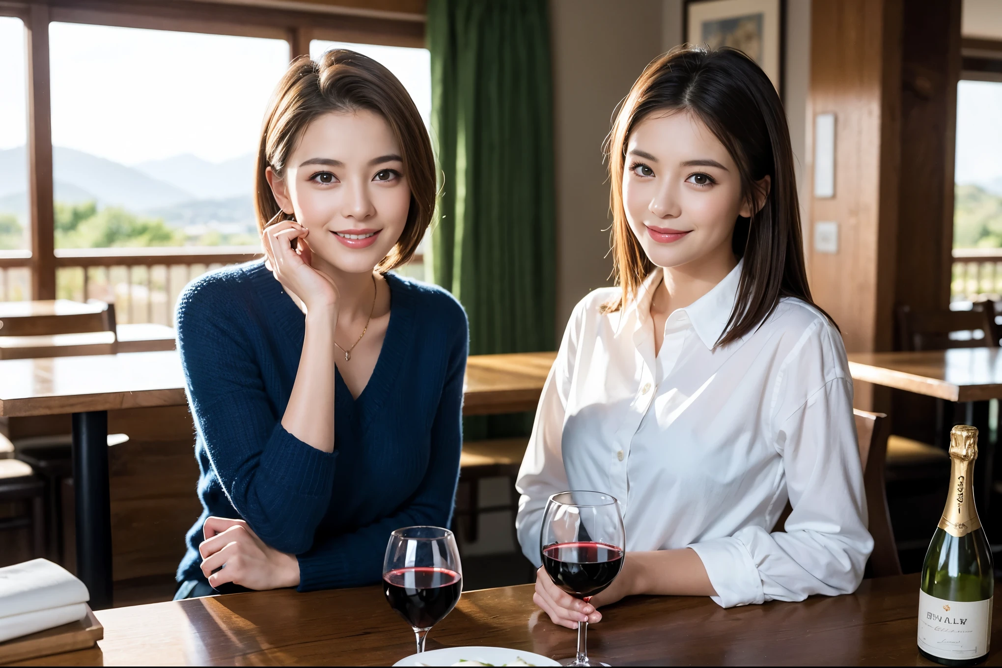 ((highest quality、8k、masterpiece:1.3))、1 male 1 female、Couple、Spouse、Couple、The body is slim、((Bob Hale、Straight hair:1.2)), (Realistic, Intricate details:1.2), テーブルの上のwine glass、Put the light on your face、 Amazing view of the sunset sky and clouds、Amazing mountain views、A bright smile、The wonderfulness of smile、Bright image、The beauty of wine, Beautiful Face, blue eyes, The light shines on your face, Blushing, short hair,Bright Face、 (Age 37), 39 years old, red wine 、Appetizers、Italian food、Wine bottle、Champagne、sparkling wine、Two beauties、Brown Hair、Shortcuts、Long sleeve shirt、dress、Pretty Woman 1, (slimな顔), (The body is slim), (Brown Hair), (Shortcuts), cheeks turn a little red,Attractive beauty、restaurant, In a prominent place (From the waist up) Nova Frog Style, actress, model, Upper Body, White wine, slim, wine glass, 中央に置かれたwine glass, smile, (smile: 1.15), Beautiful fine grain, Depth f/2,saturation, High Contrast, Strong light and shadow,Moist Body:1.5、3D texture、Delicate eyes、Brown Hair、The hair is very shiny、